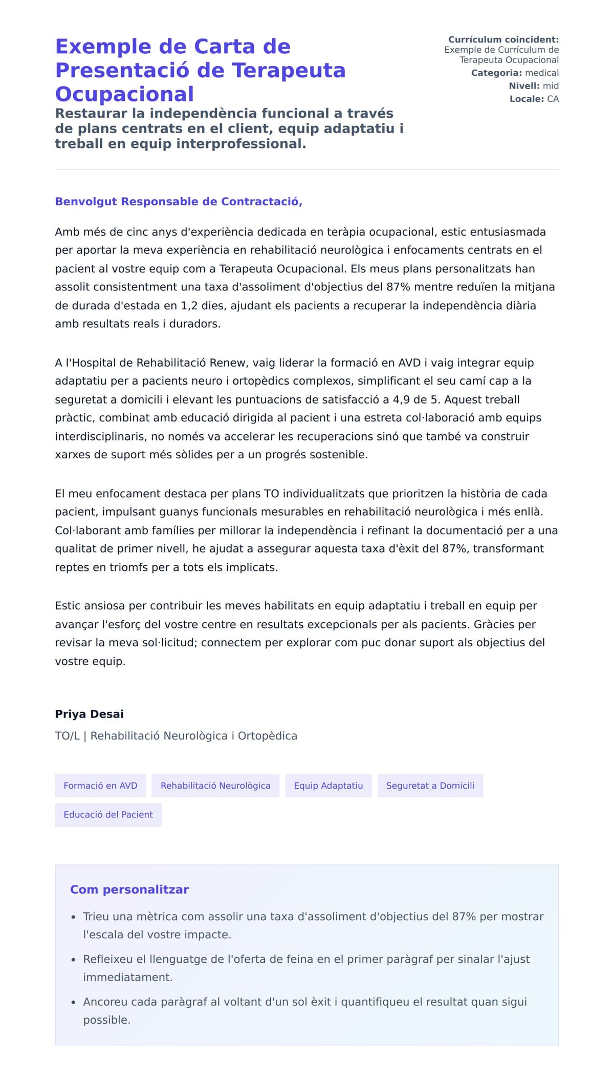 Previsualització de la carta de presentació per a Exemple de Carta de Presentació de Terapeuta Ocupacional