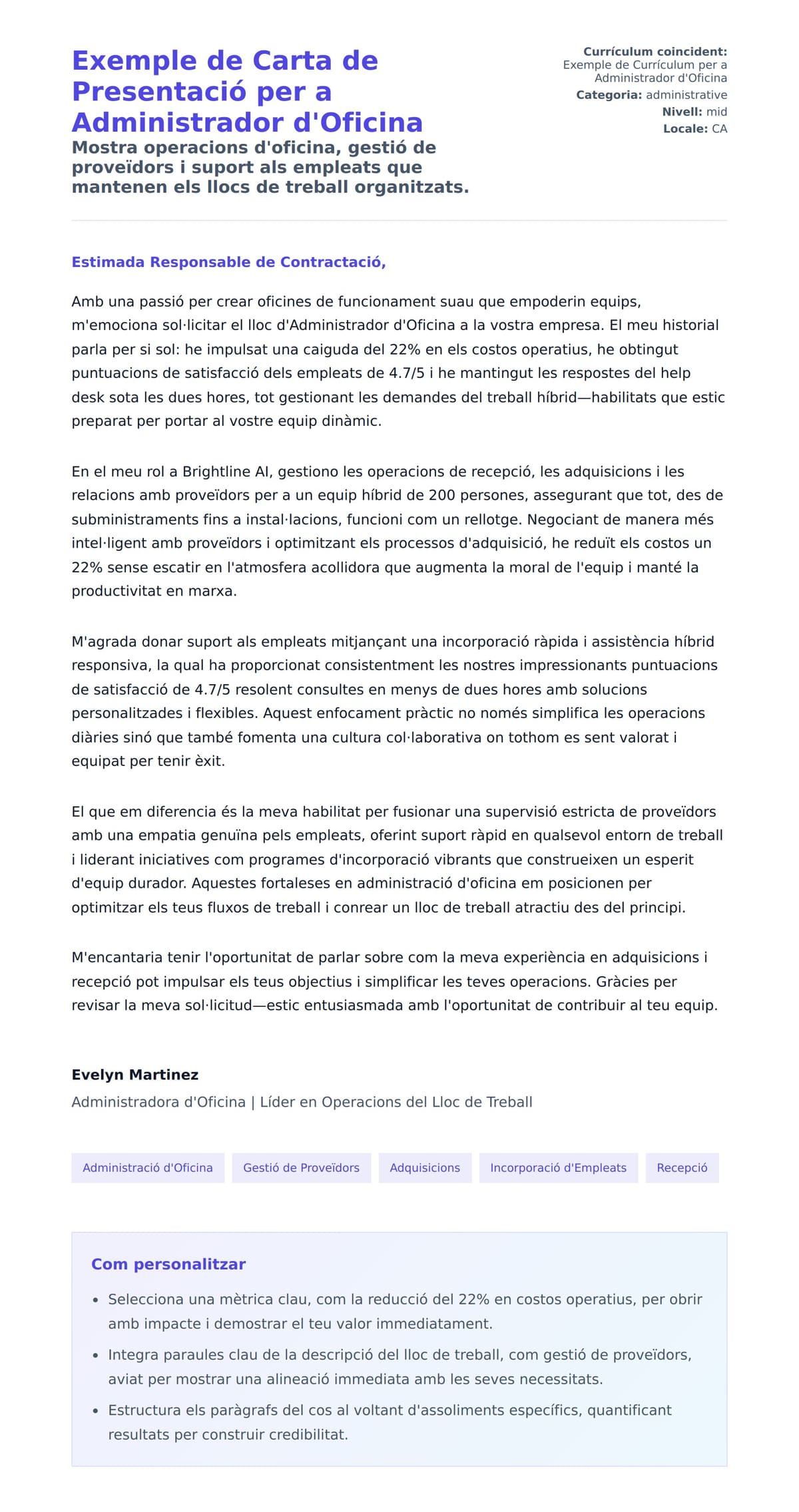 Previsualització de la carta de presentació per a Exemple de Carta de Presentació per a Administrador d'Oficina