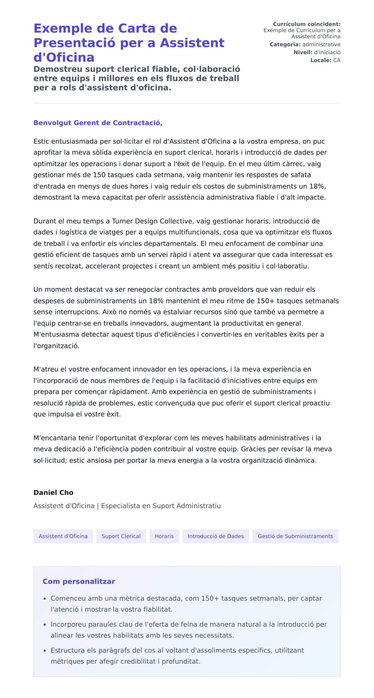 Previsualització de la carta de presentació per a Exemple de Carta de Presentació per a Assistent d'Oficina