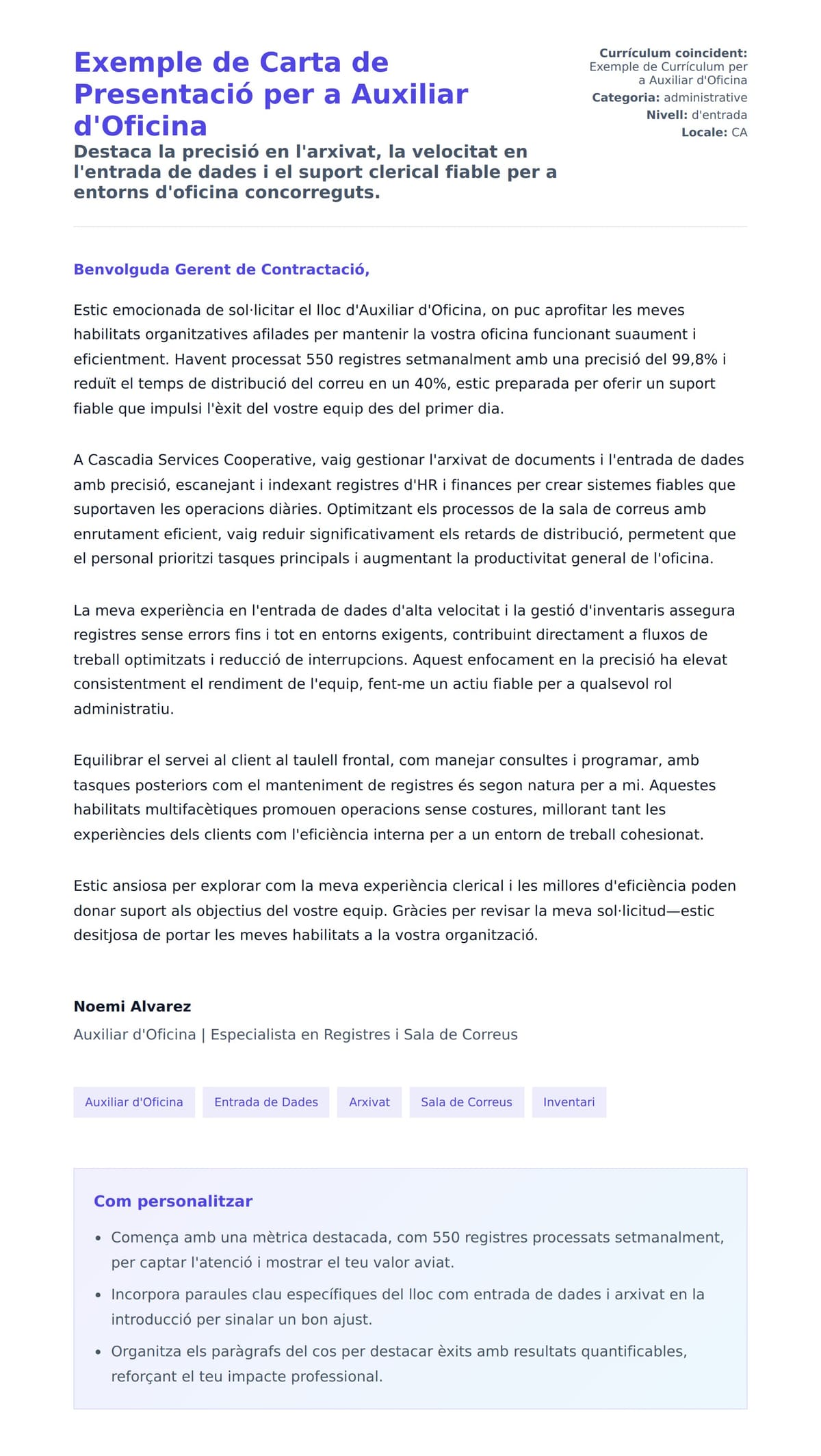 Previsualització de la carta de presentació per a Exemple de Carta de Presentació per a Auxiliar d'Oficina