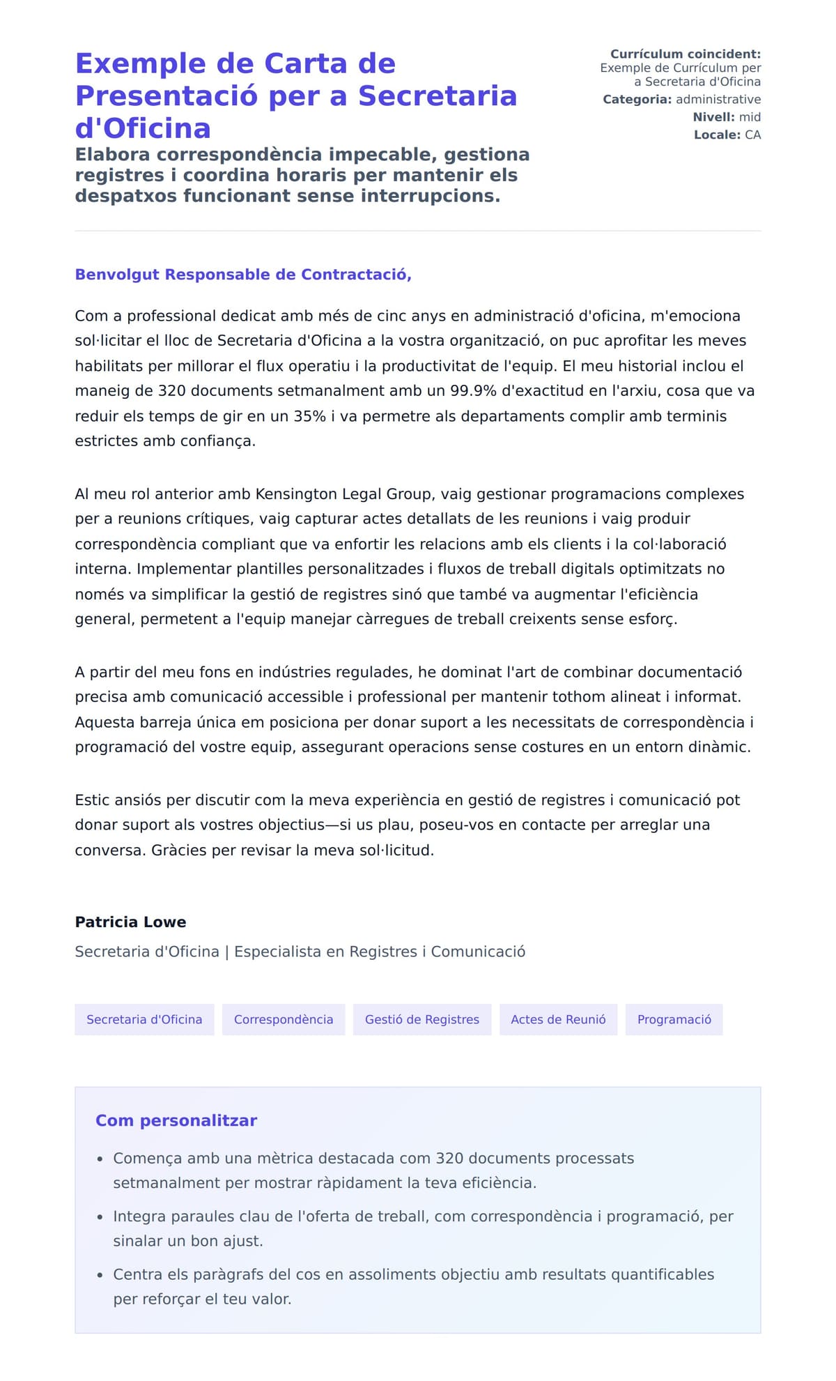 Exemple de Carta de Presentació per a Secretaria d'Oficina