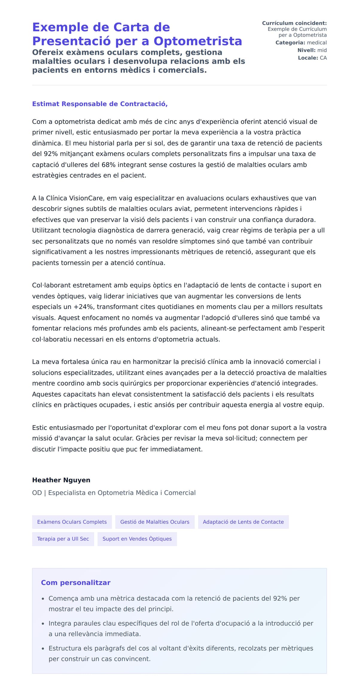 Previsualització de la carta de presentació per a Exemple de Carta de Presentació per a Optometrista