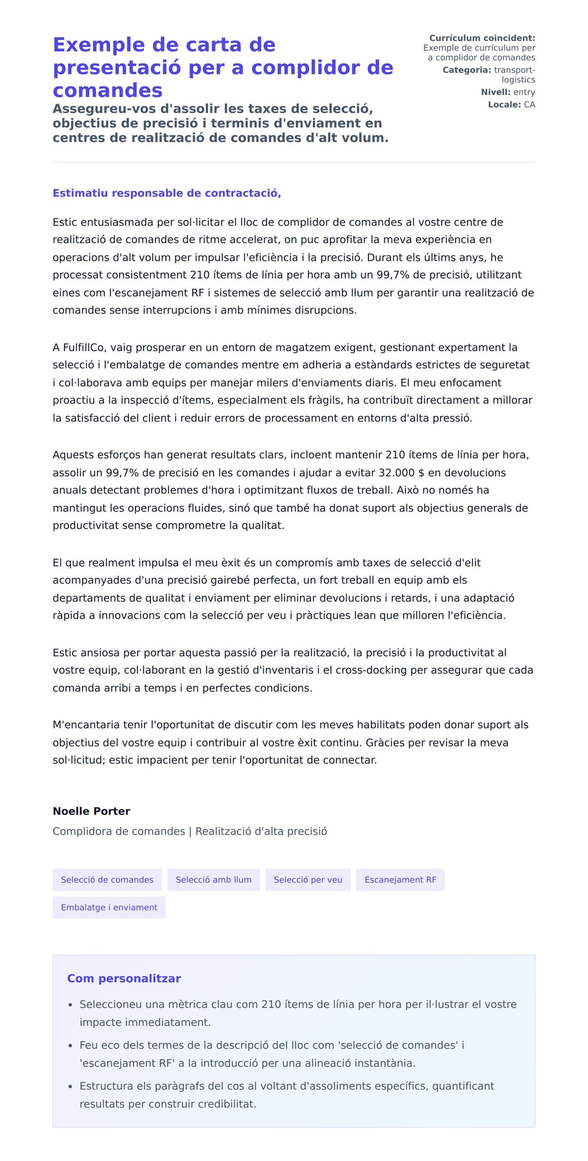 Previsualització de la carta de presentació per a Exemple de carta de presentació per a complidor de comandes