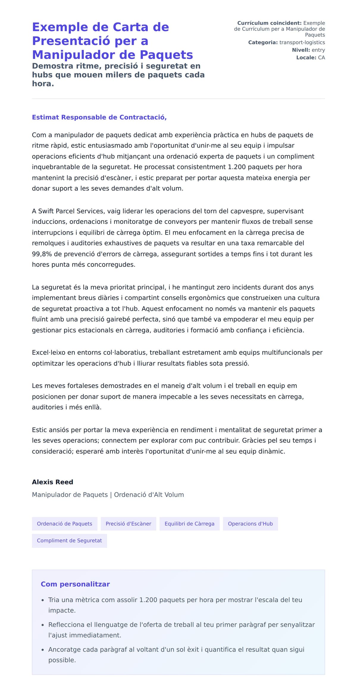 Previsualització de la carta de presentació per a Exemple de Carta de Presentació per a Manipulador de Paquets