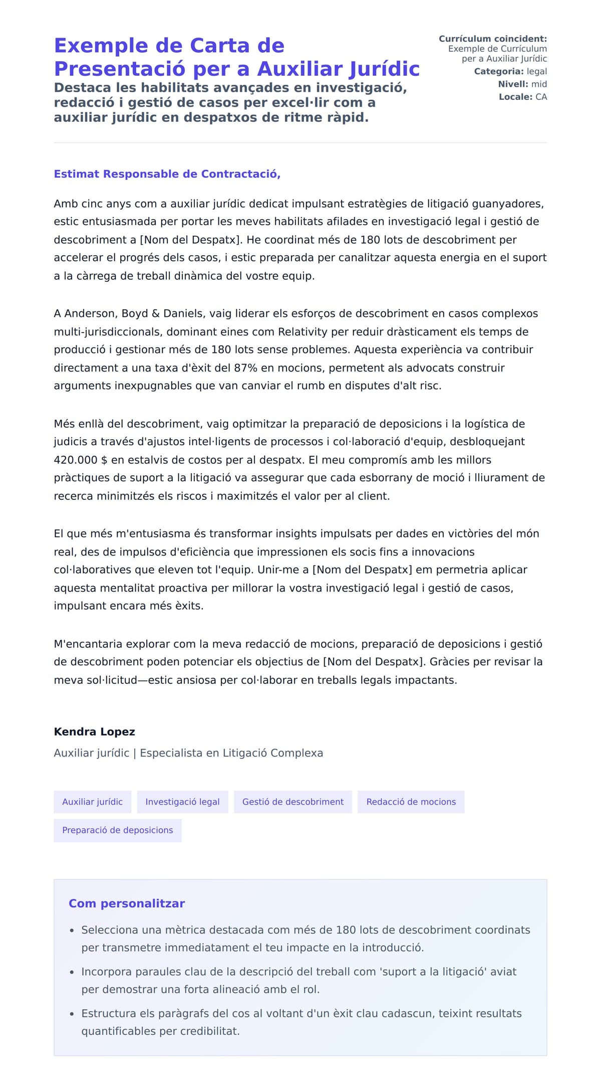 Previsualització de la carta de presentació per a Exemple de Carta de Presentació per a Auxiliar Jurídic