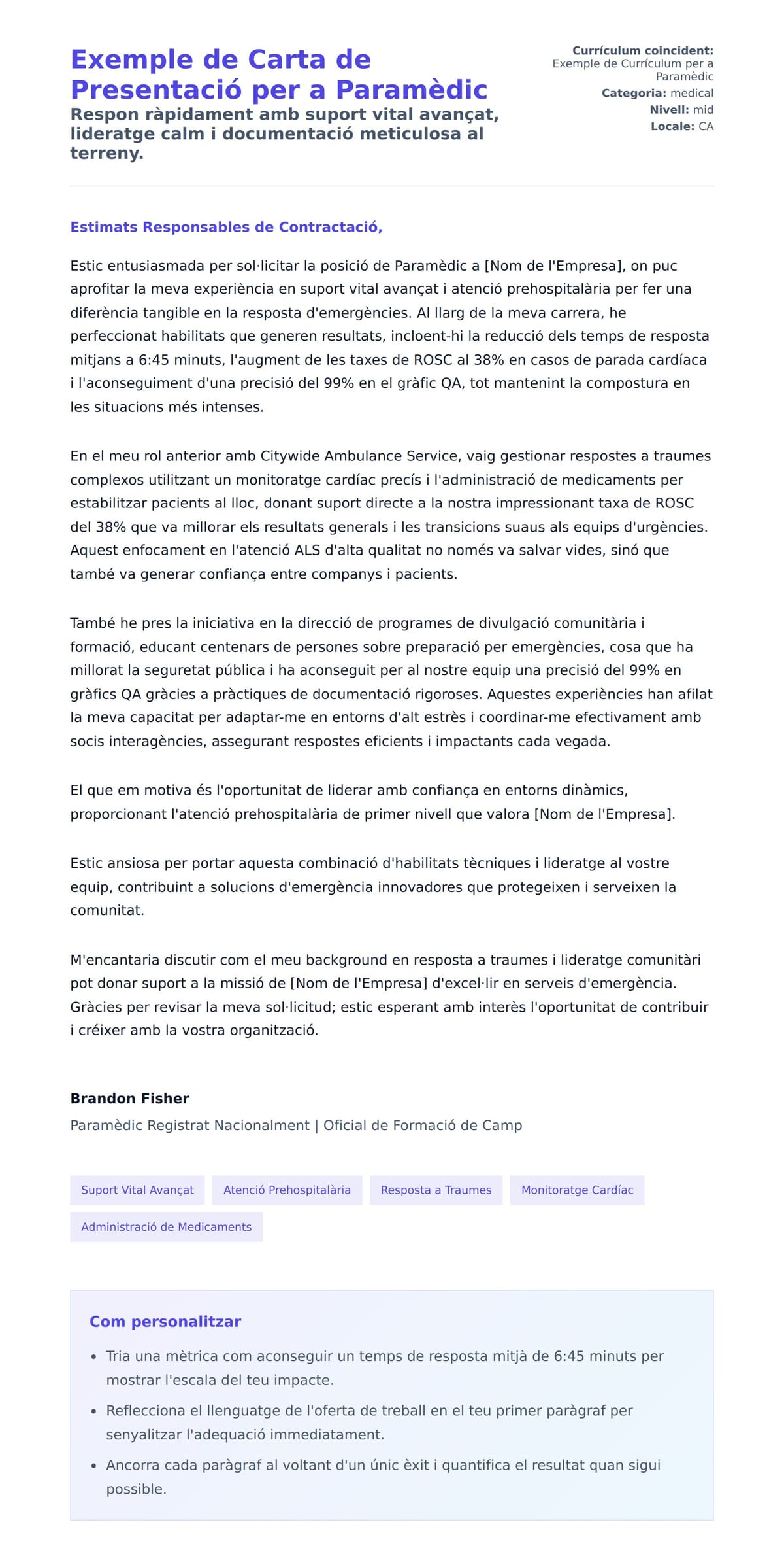 Previsualització de la carta de presentació per a Exemple de Carta de Presentació per a Paramèdic