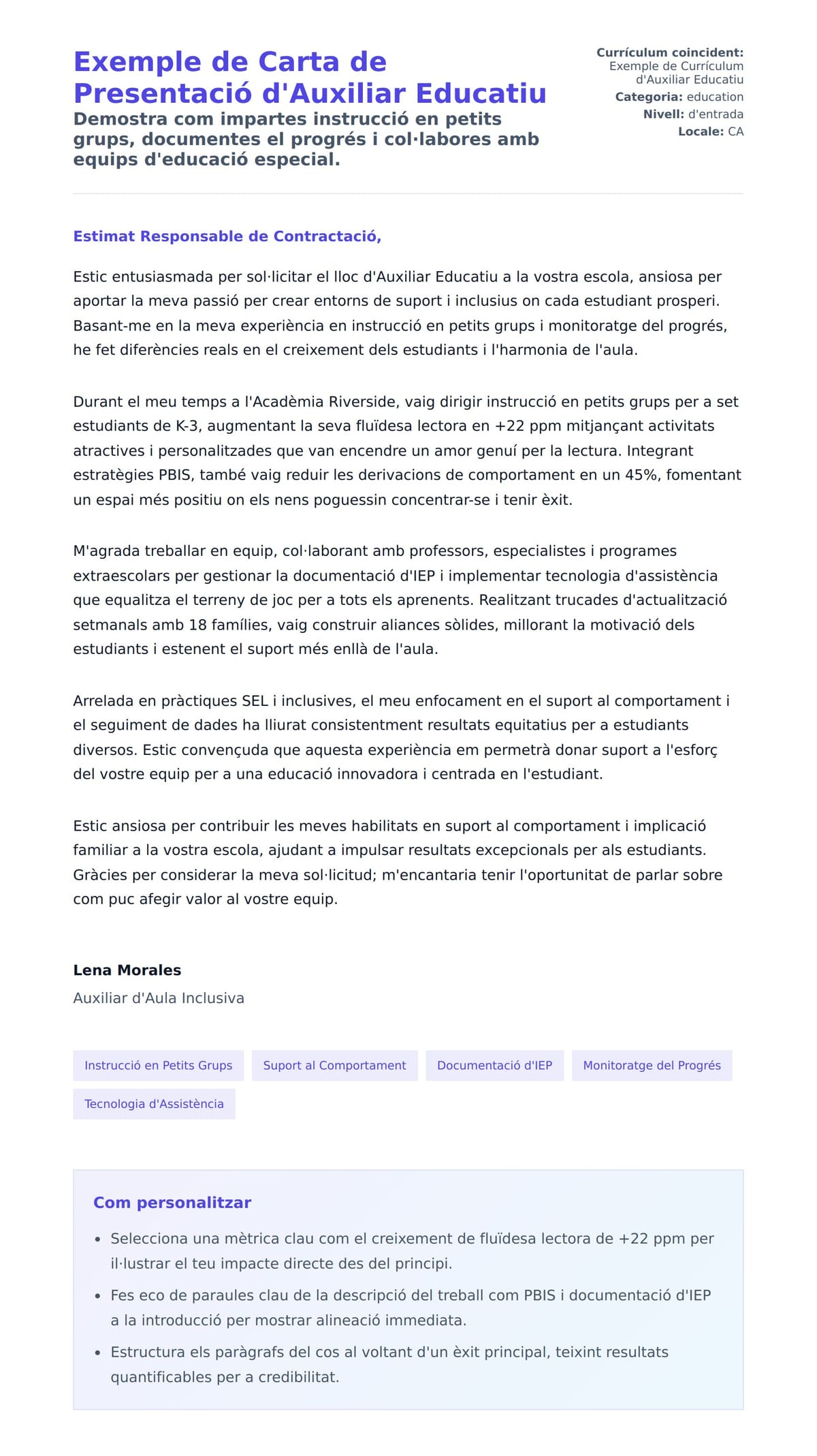 Previsualització de la carta de presentació per a Exemple de Carta de Presentació d'Auxiliar Educatiu