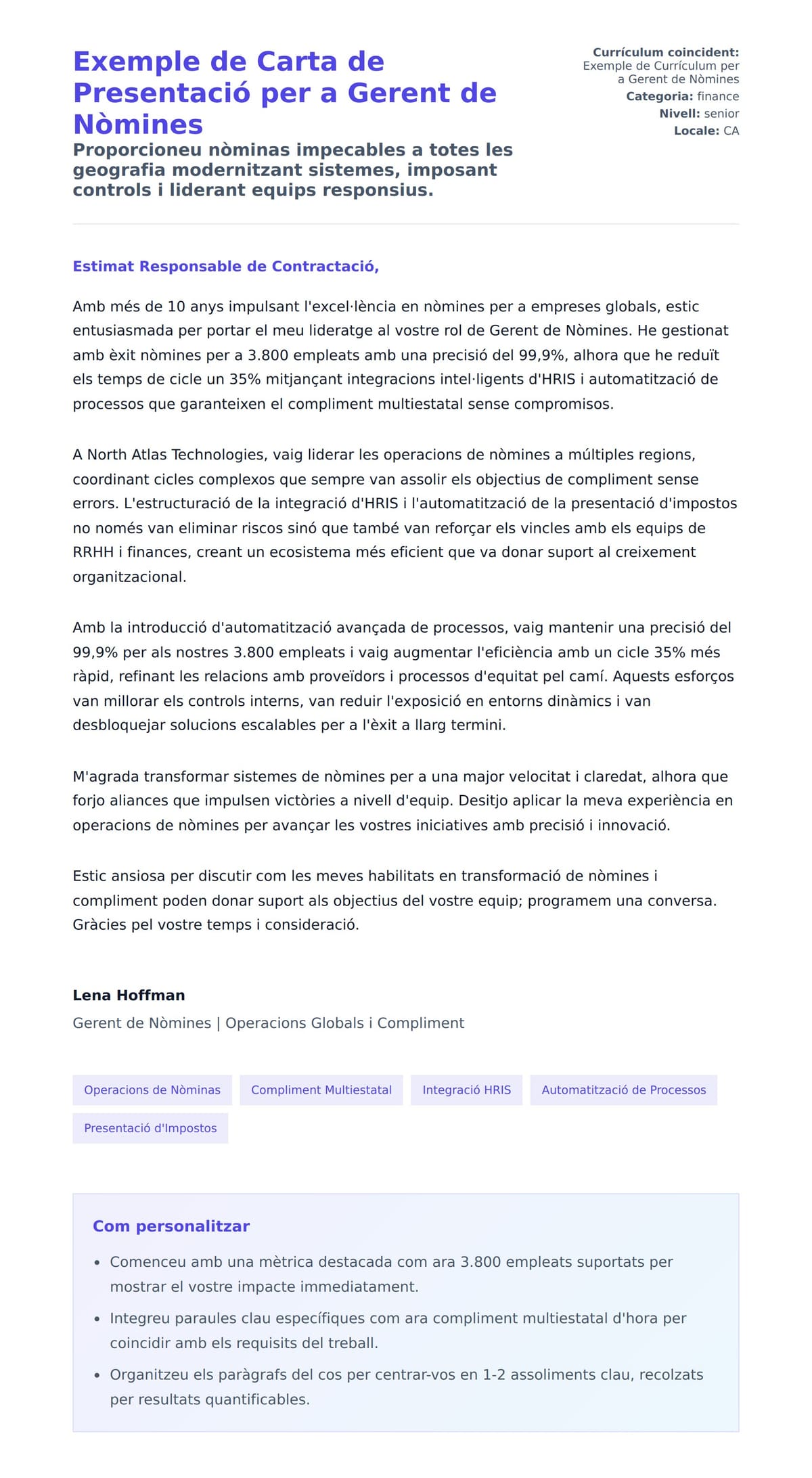 Previsualització de la carta de presentació per a Exemple de Carta de Presentació per a Gerent de Nòmines
