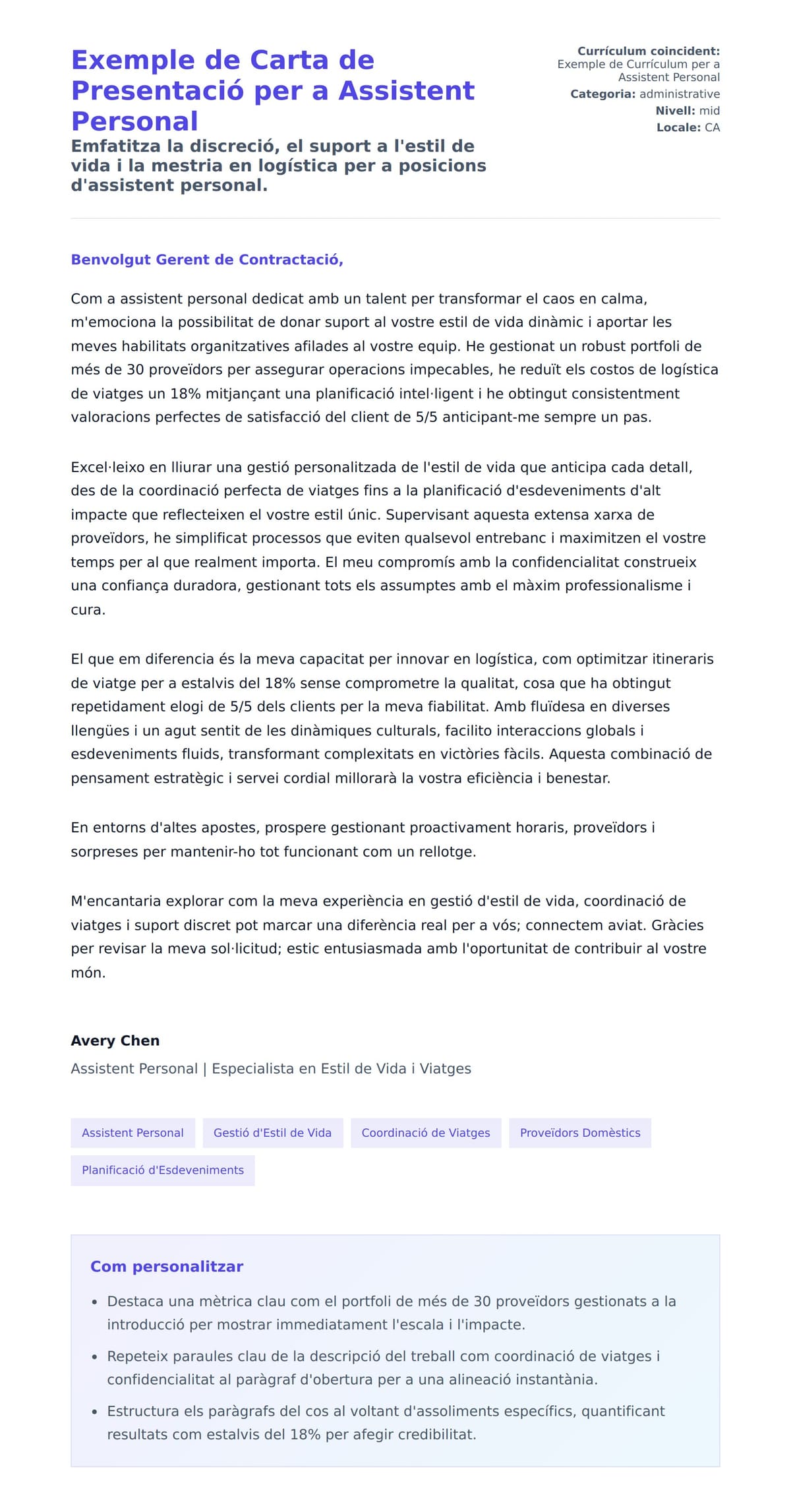 Previsualització de la carta de presentació per a Exemple de Carta de Presentació per a Assistent Personal