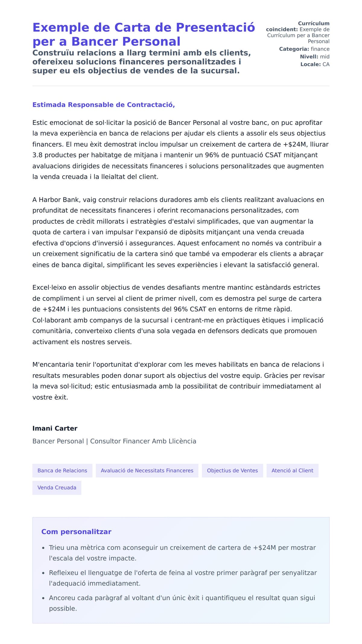 Previsualització de la carta de presentació per a Exemple de Carta de Presentació per a Bancer Personal