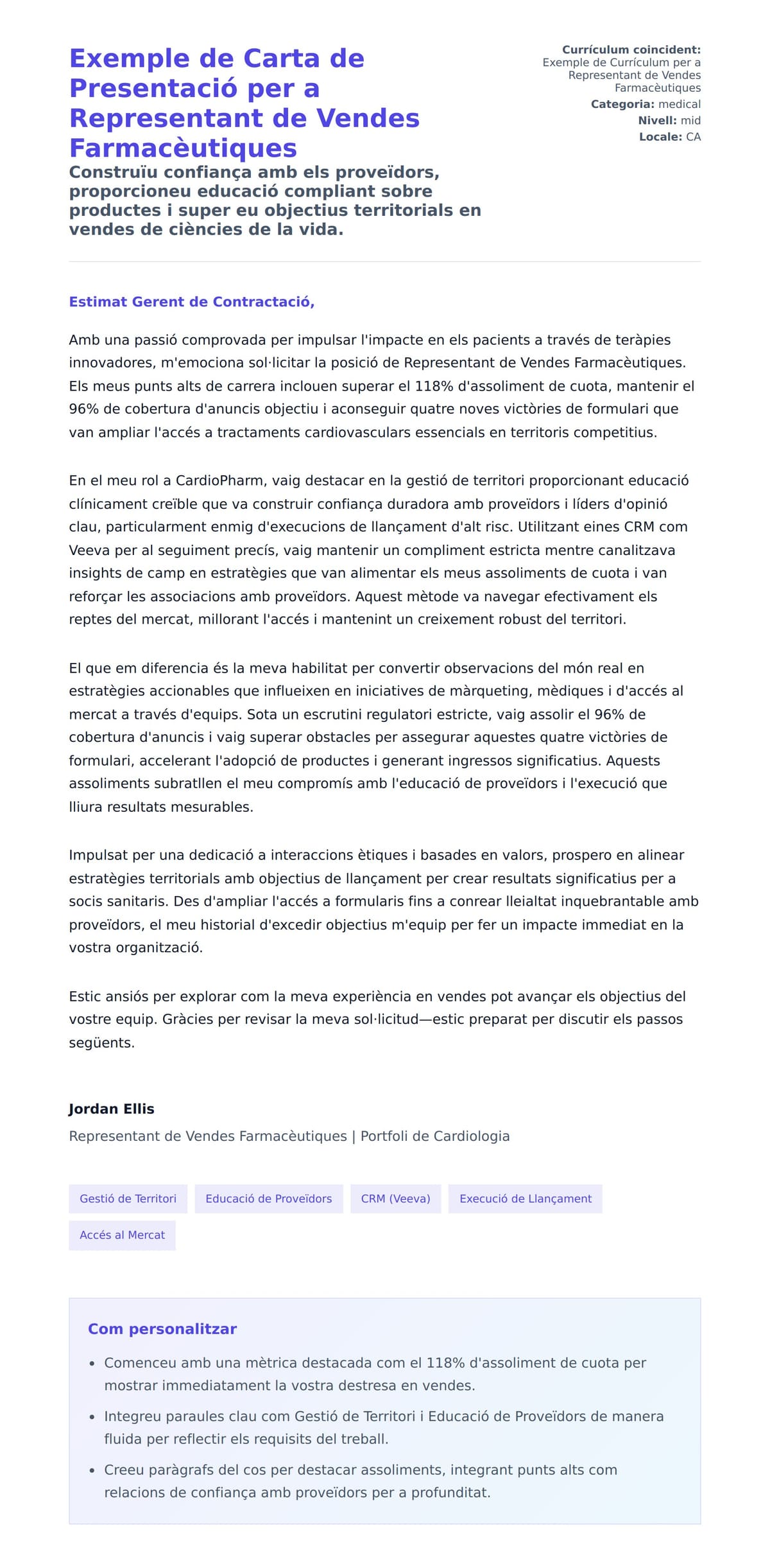 Previsualització de la carta de presentació per a Exemple de Carta de Presentació per a Representant de Vendes Farmacèutiques