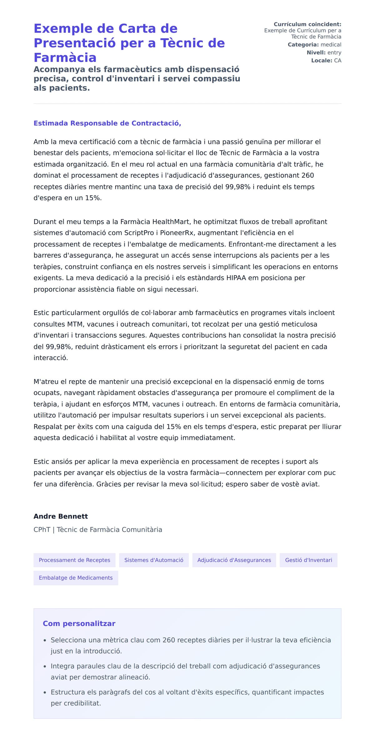 Previsualització de la carta de presentació per a Exemple de Carta de Presentació per a Tècnic de Farmàcia
