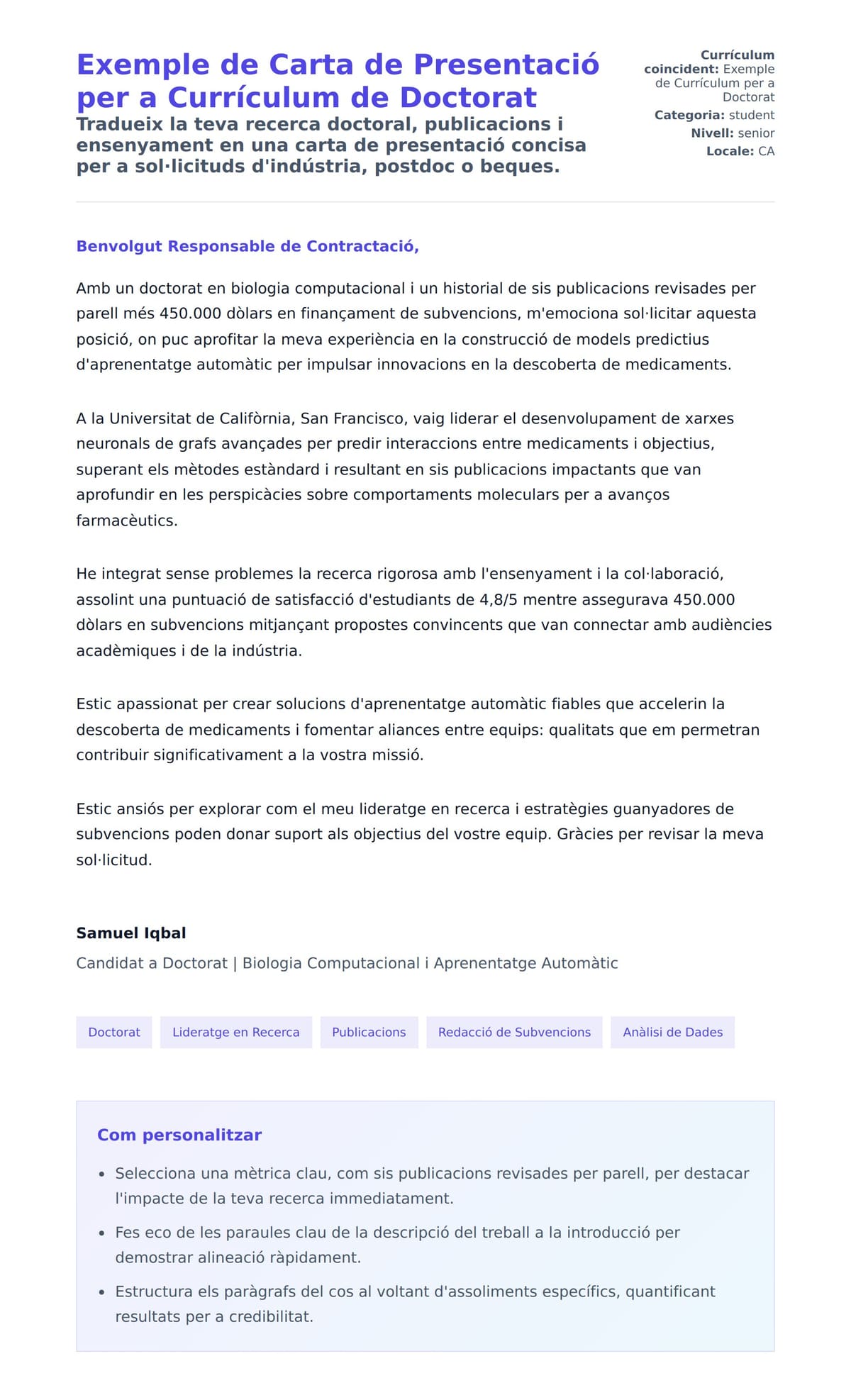 Previsualització de la carta de presentació per a Exemple de Carta de Presentació per a Currículum de Doctorat