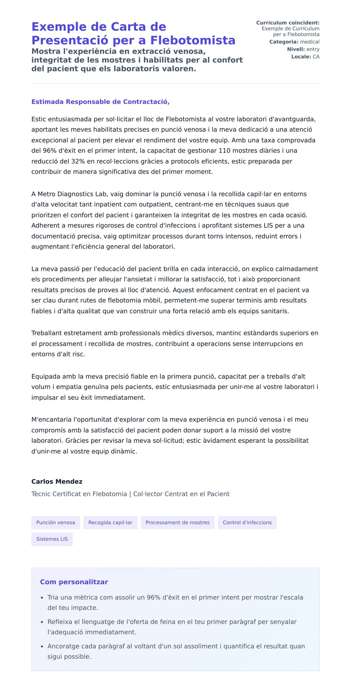 Previsualització de la carta de presentació per a Exemple de Carta de Presentació per a Flebotomista