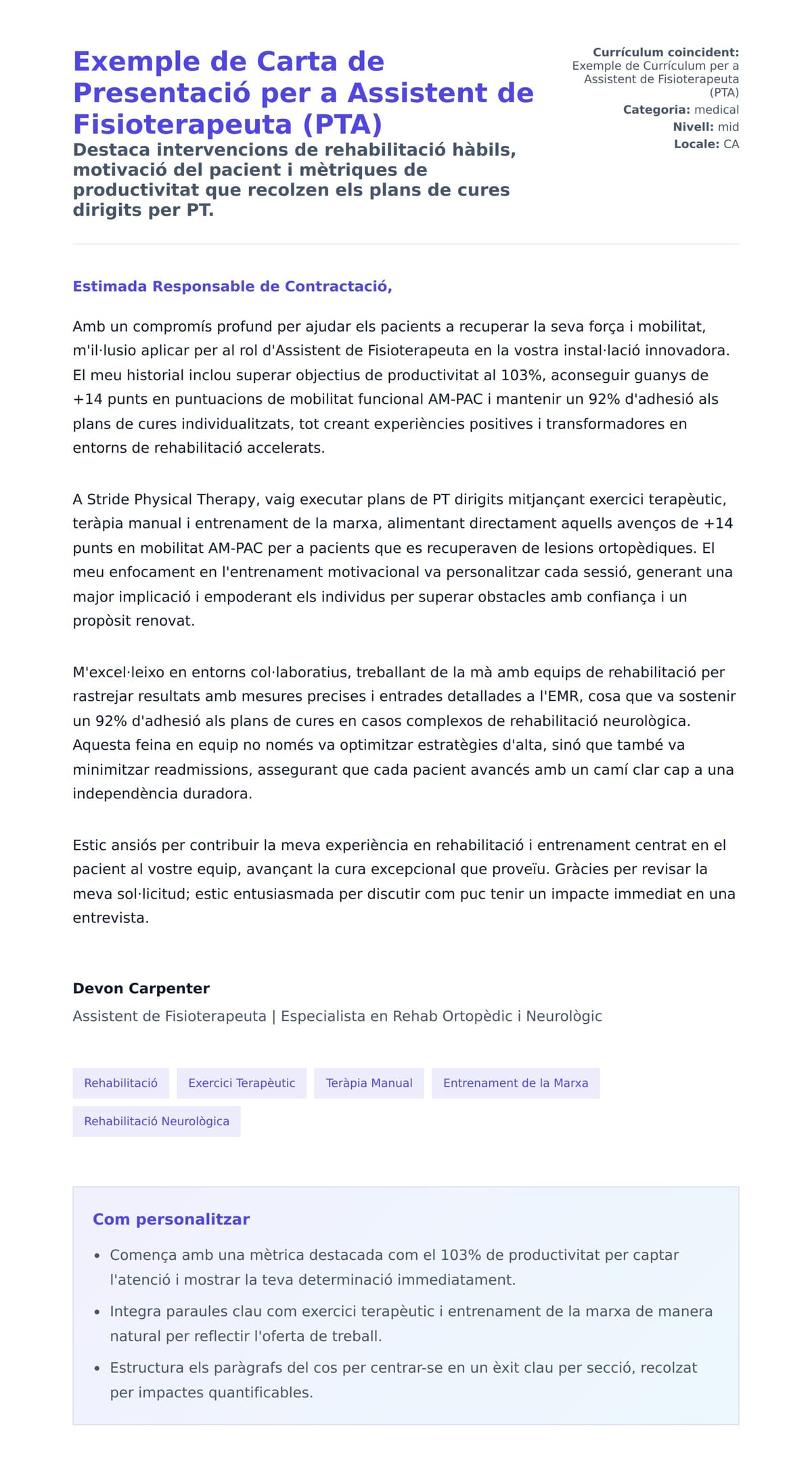 Previsualització de la carta de presentació per a Exemple de Carta de Presentació per a Assistent de Fisioterapeuta (PTA)