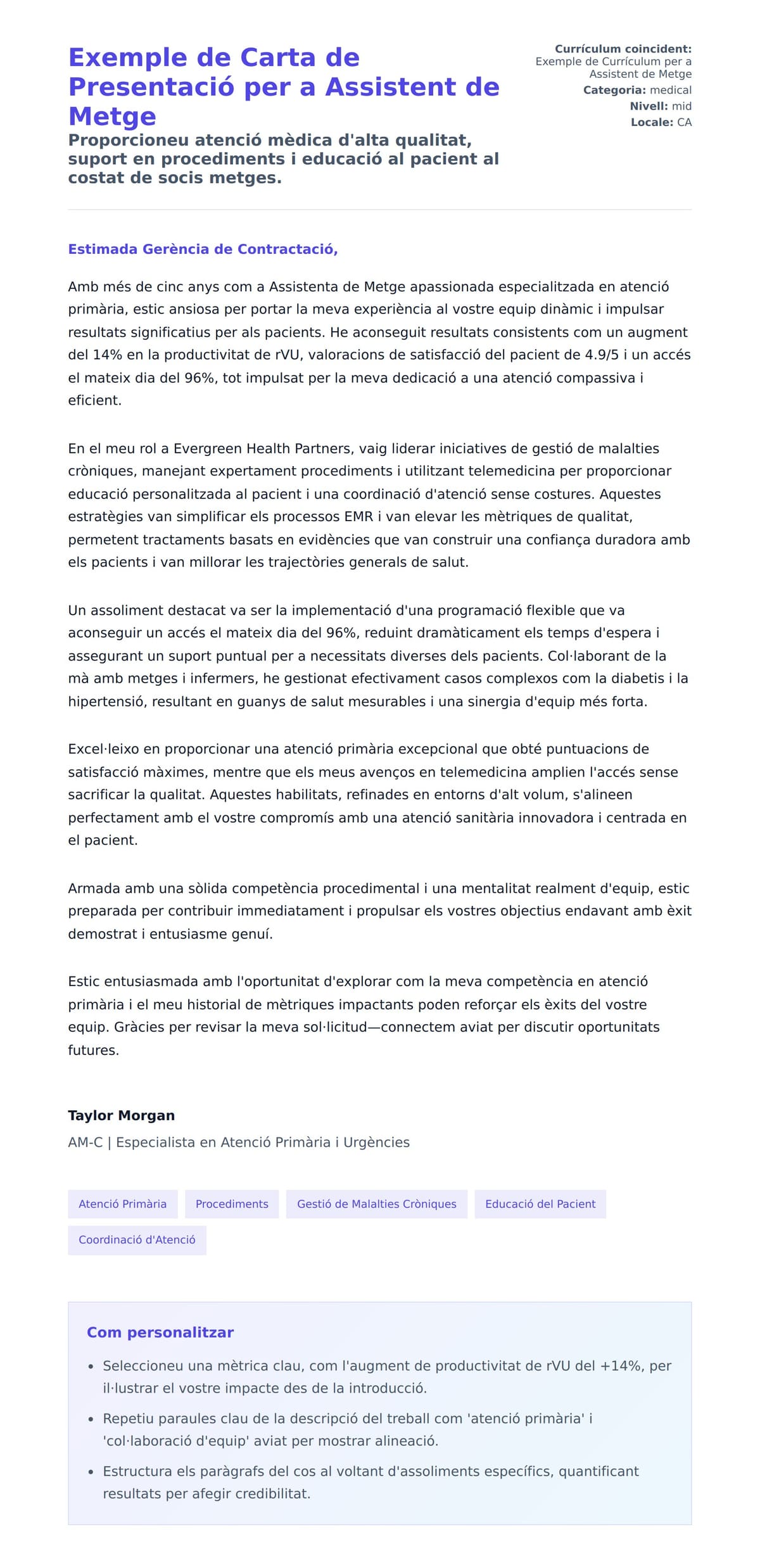 Previsualització de la carta de presentació per a Exemple de Carta de Presentació per a Assistent de Metge