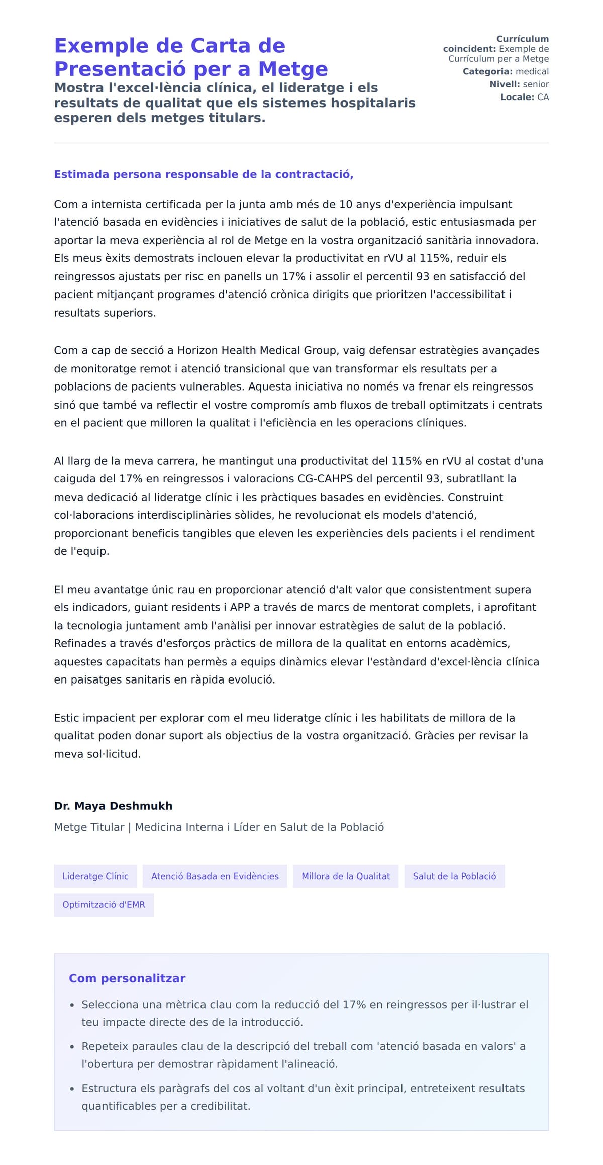 Previsualització de la carta de presentació per a Exemple de Carta de Presentació per a Metge