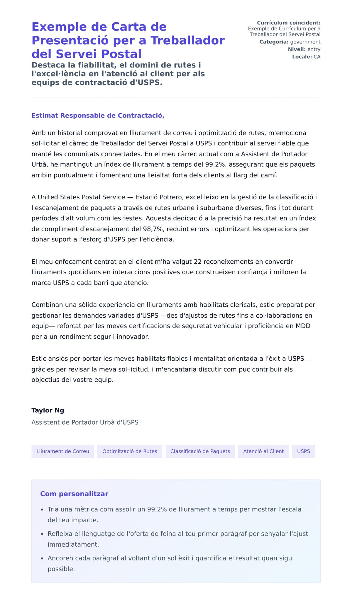 Previsualització de la carta de presentació per a Exemple de Carta de Presentació per a Treballador del Servei Postal