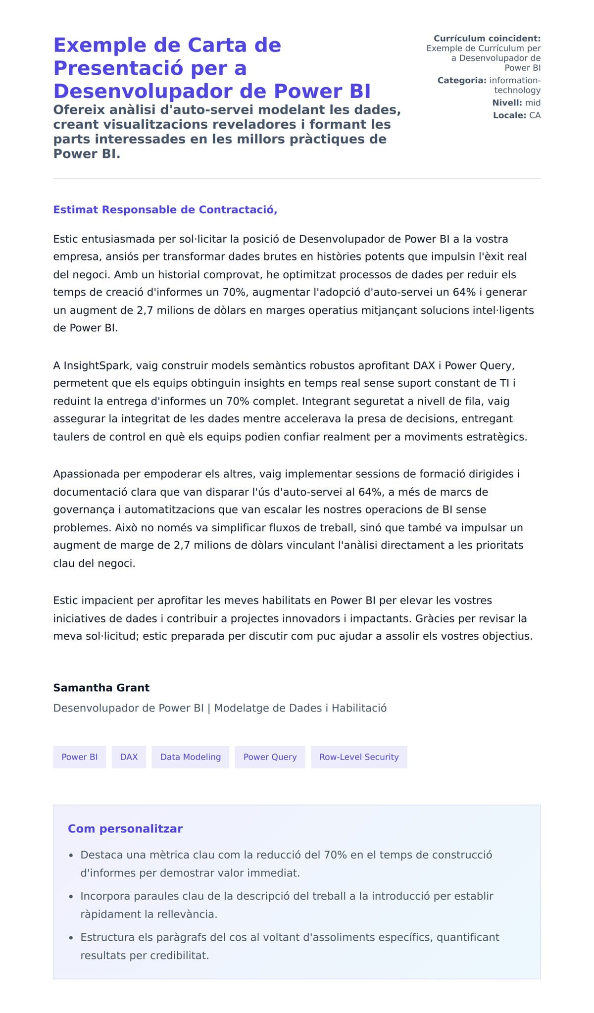 Previsualització de la carta de presentació per a Exemple de Carta de Presentació per a Desenvolupador de Power BI