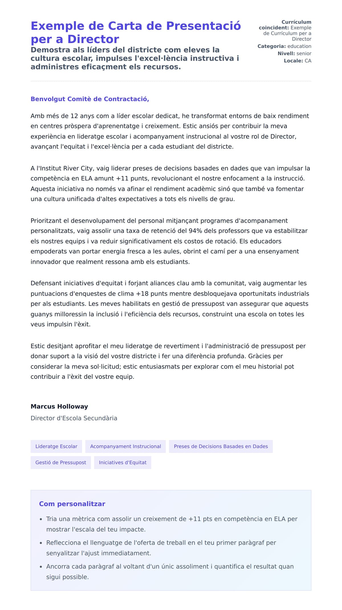 Previsualització de la carta de presentació per a Exemple de Carta de Presentació per a Director