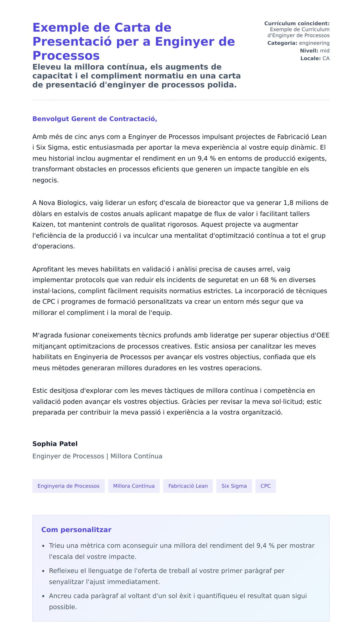 Previsualització de la carta de presentació per a Exemple de Carta de Presentació per a Enginyer de Processos