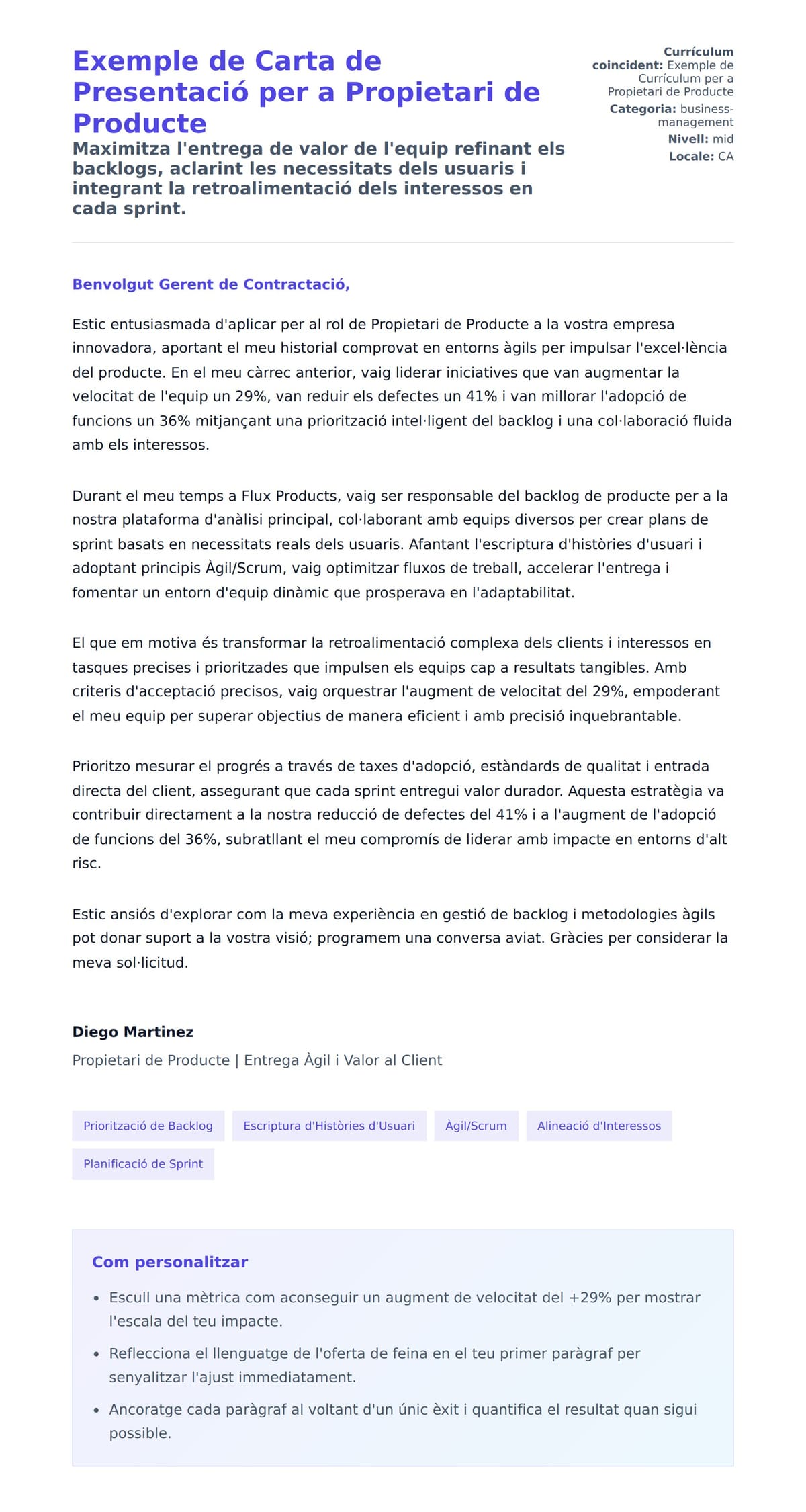 Previsualització de la carta de presentació per a Exemple de Carta de Presentació per a Propietari de Producte