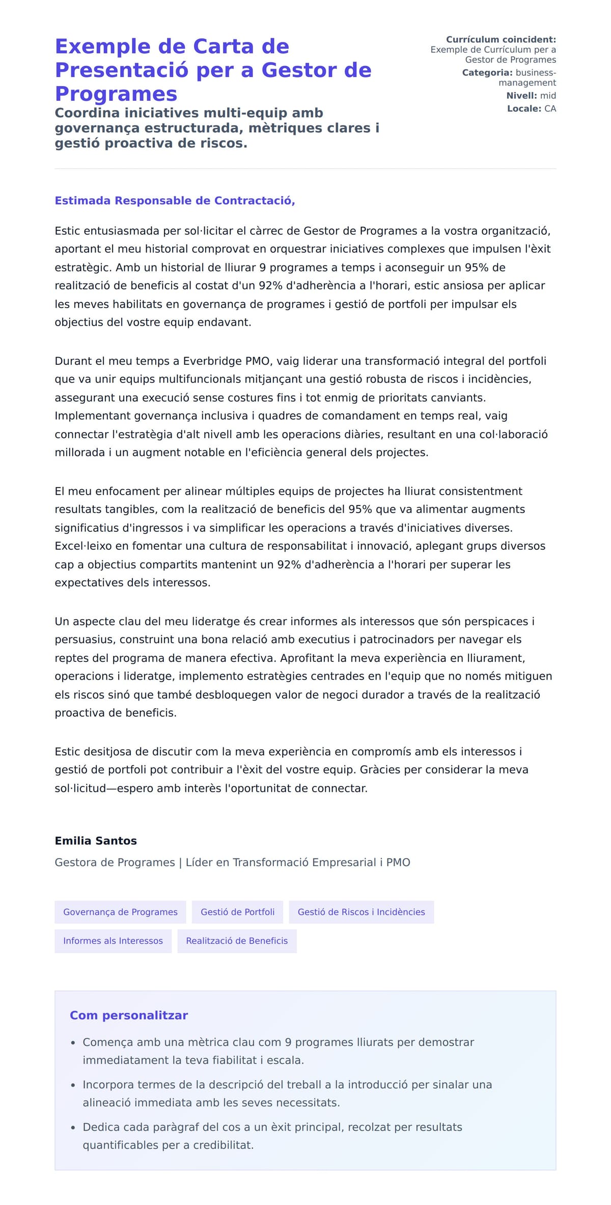 Previsualització de la carta de presentació per a Exemple de Carta de Presentació per a Gestor de Programes