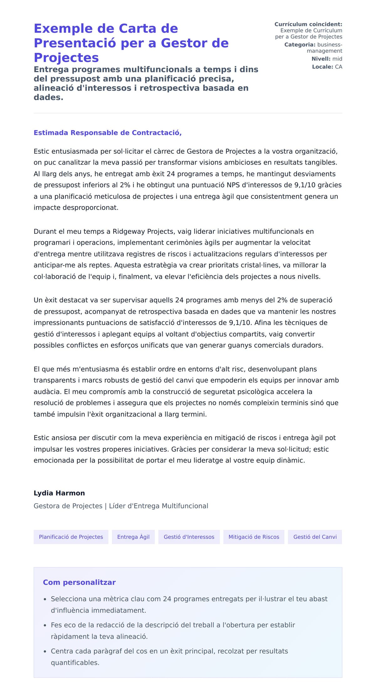 Previsualització de la carta de presentació per a Exemple de Carta de Presentació per a Gestor de Projectes