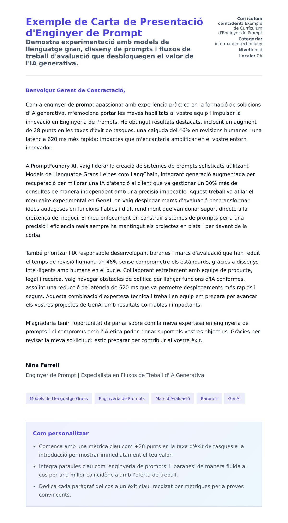 Previsualització de la carta de presentació per a Exemple de Carta de Presentació d'Enginyer de Prompt