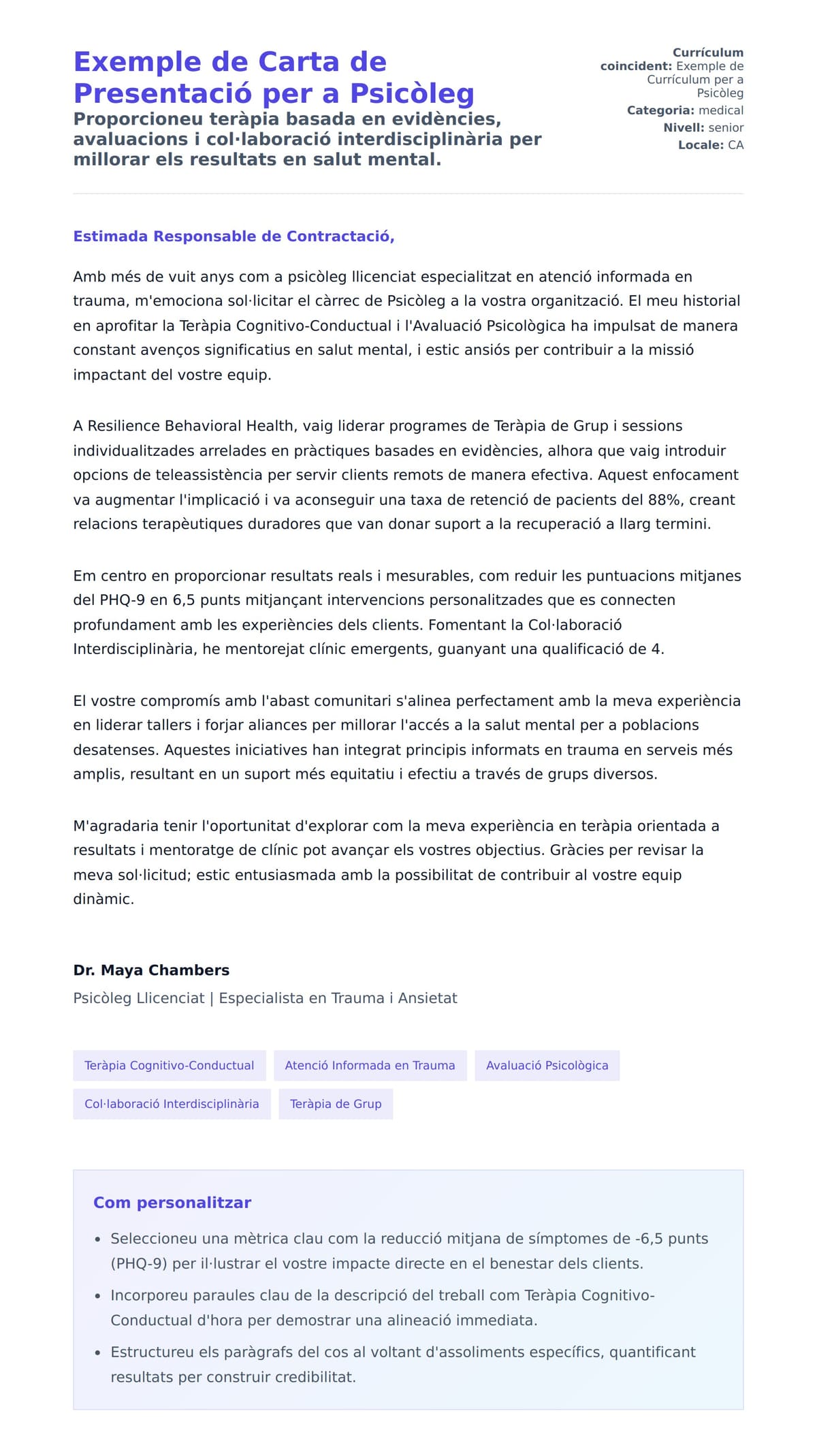 Previsualització de la carta de presentació per a Exemple de Carta de Presentació per a Psicòleg