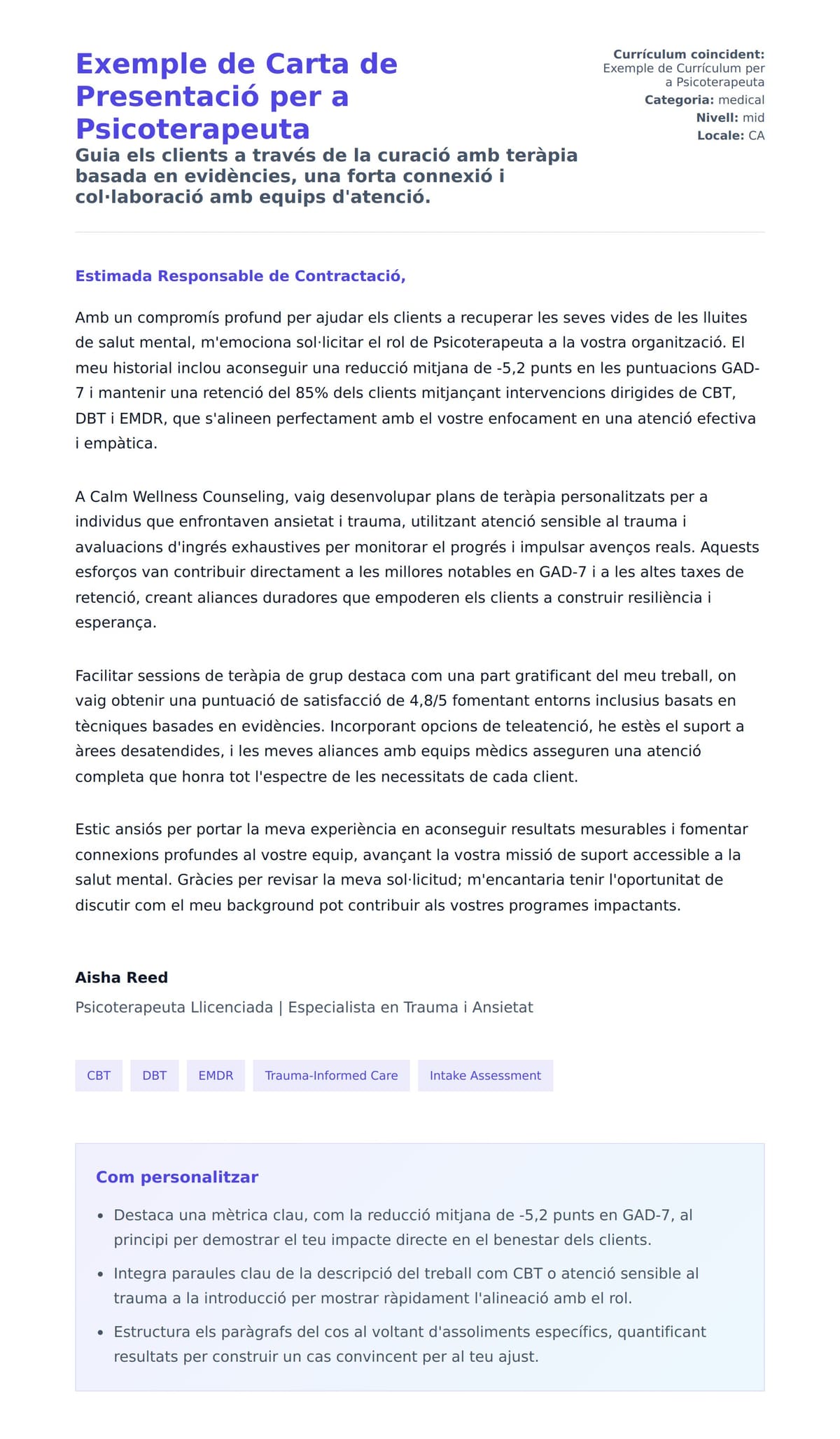 Previsualització de la carta de presentació per a Exemple de Carta de Presentació per a Psicoterapeuta