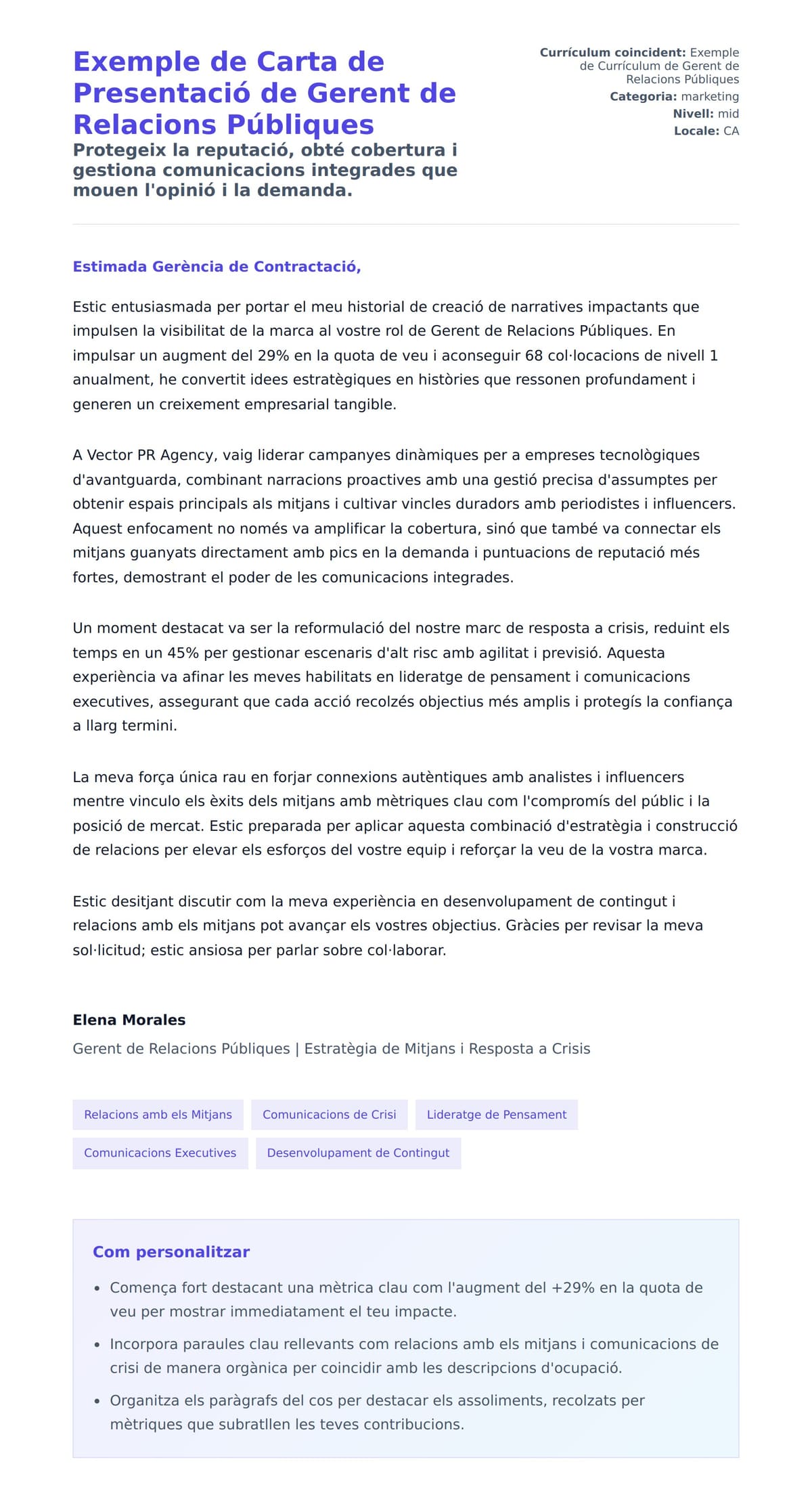 Previsualització de la carta de presentació per a Exemple de Carta de Presentació de Gerent de Relacions Públiques