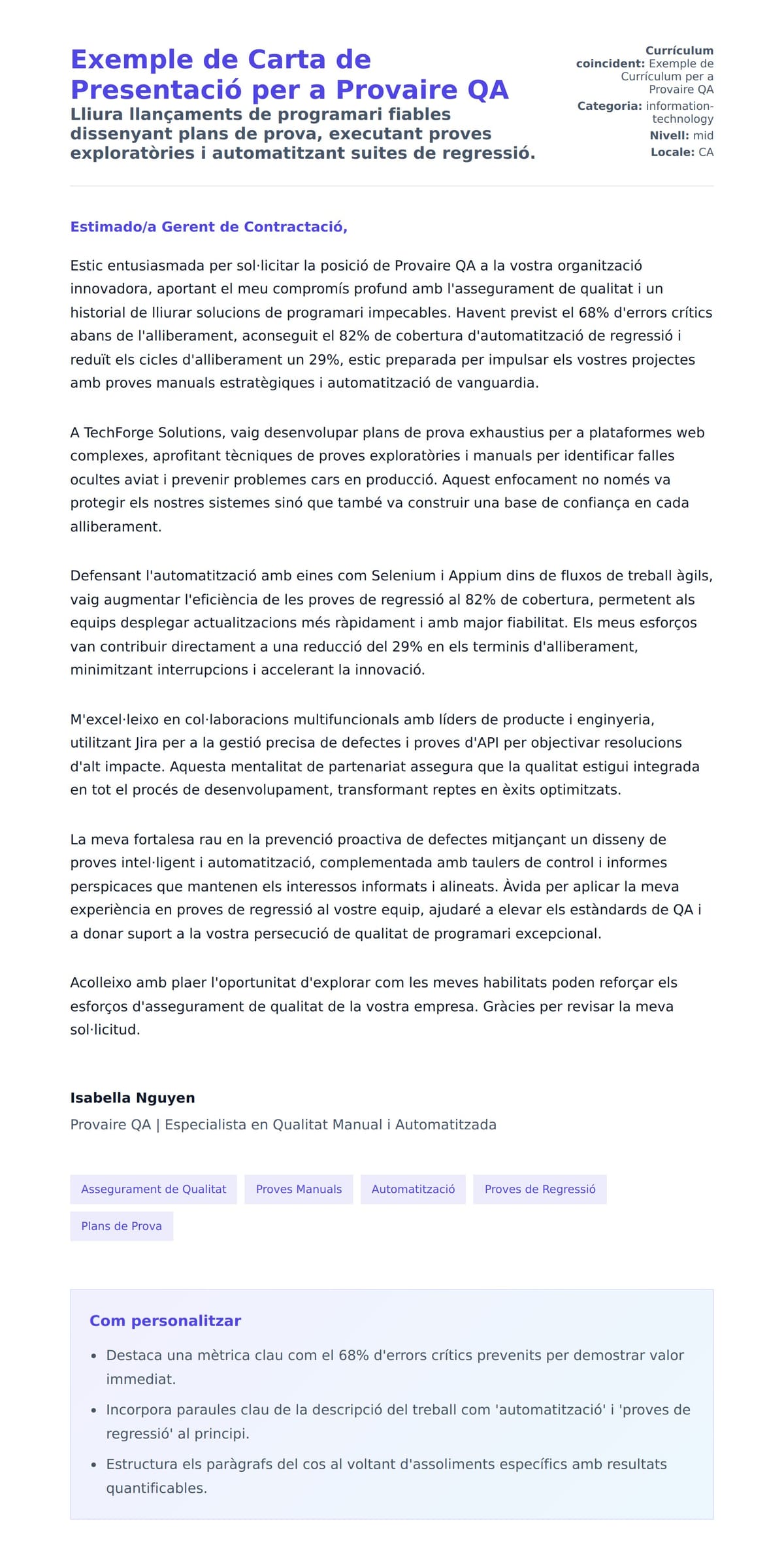 Previsualització de la carta de presentació per a Exemple de Carta de Presentació per a Provaire QA