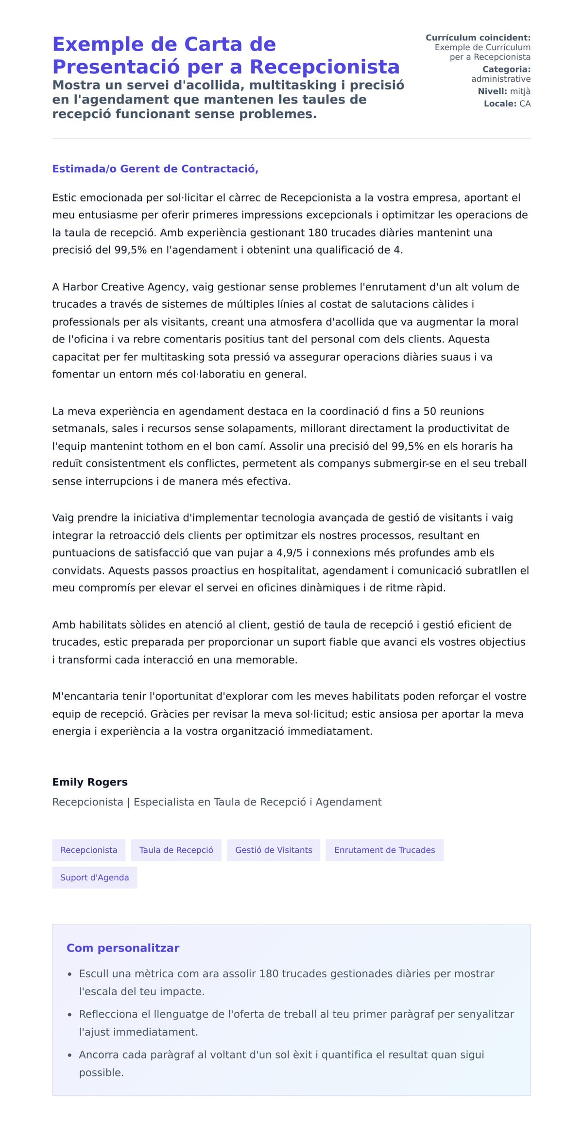 Previsualització de la carta de presentació per a Exemple de Carta de Presentació per a Recepcionista