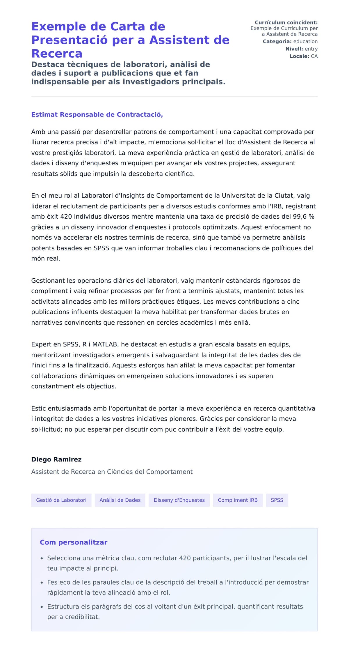 Previsualització de la carta de presentació per a Exemple de Carta de Presentació per a Assistent de Recerca