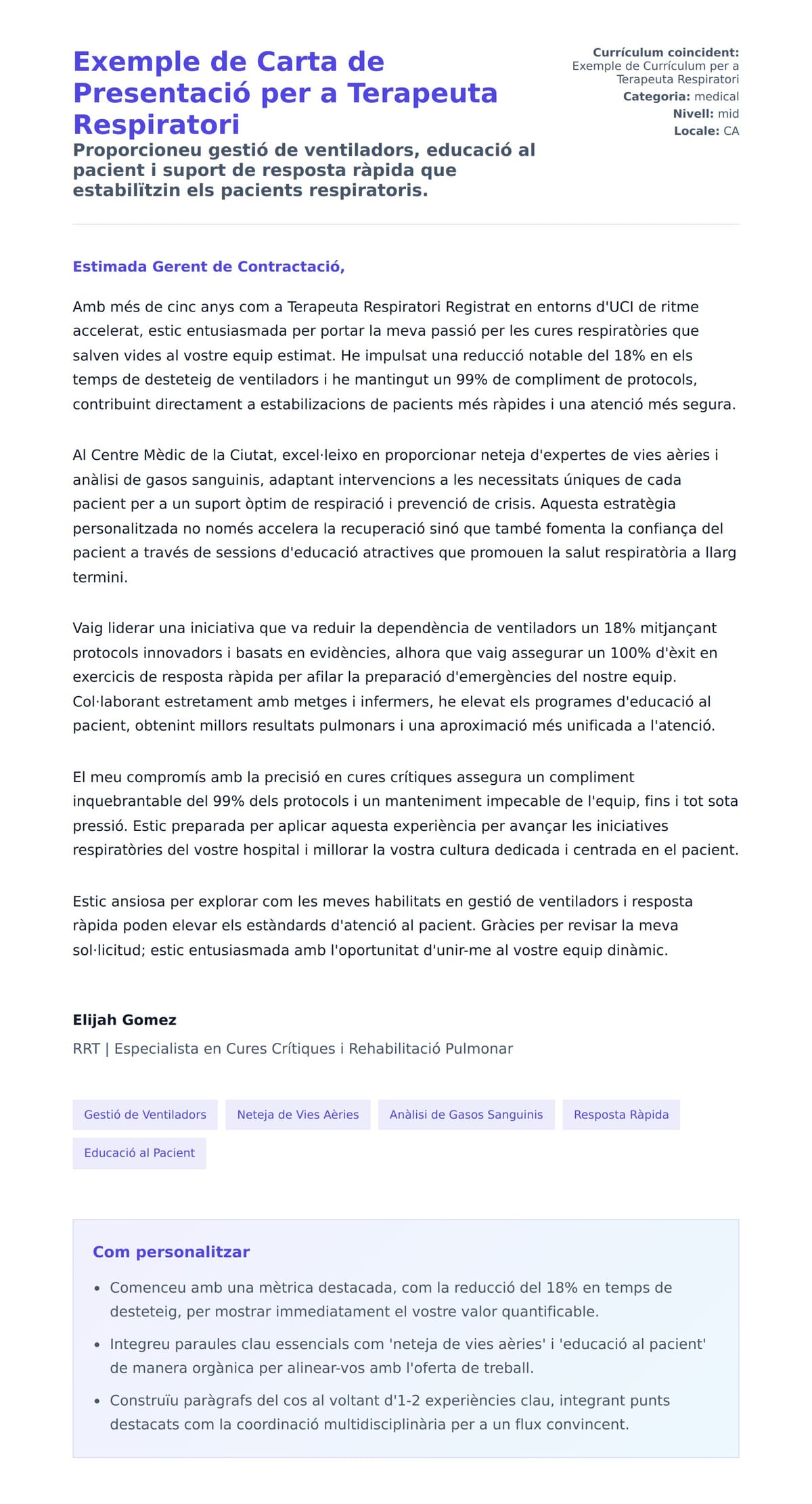Previsualització de la carta de presentació per a Exemple de Carta de Presentació per a Terapeuta Respiratori