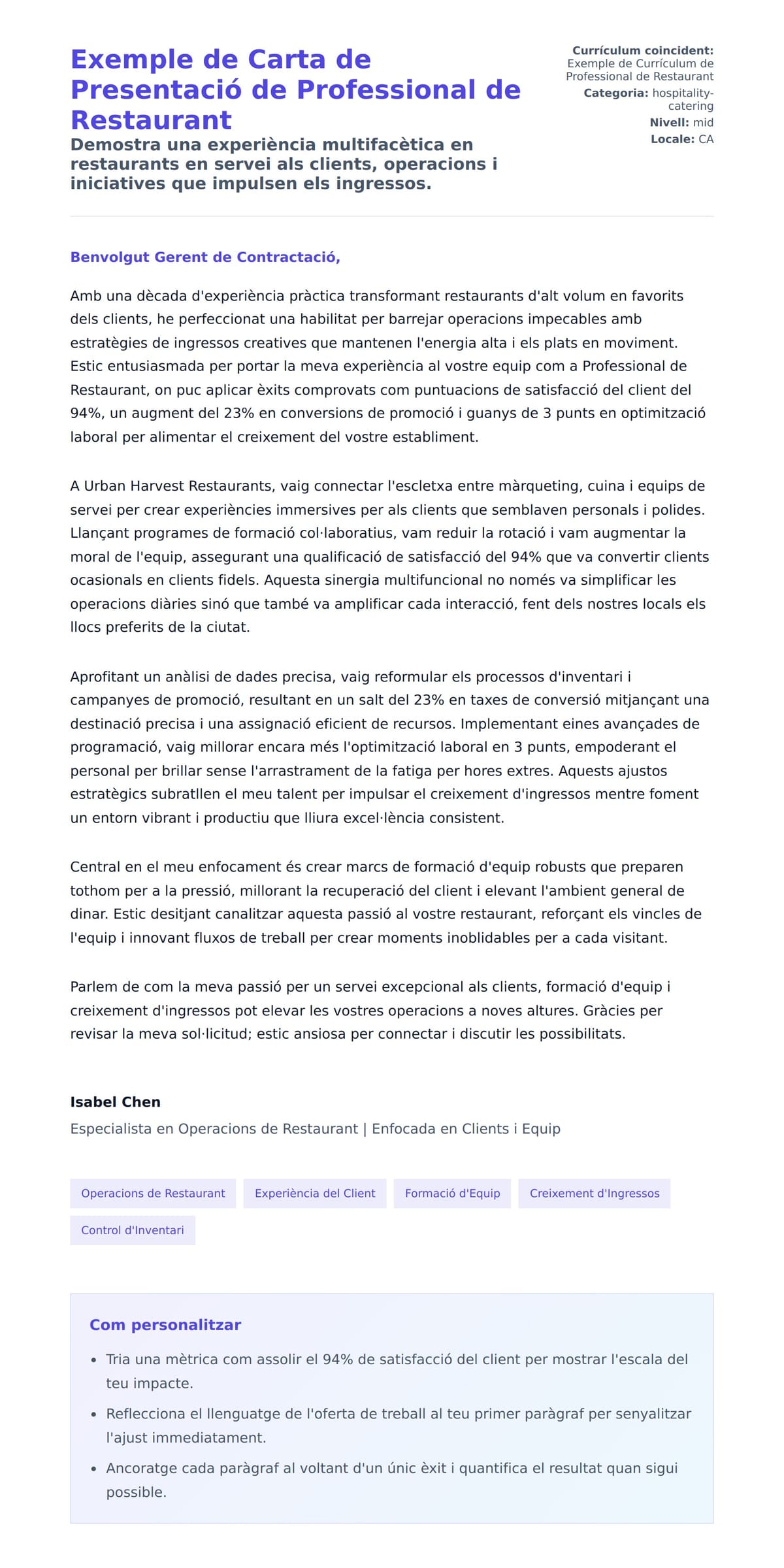 Previsualització de la carta de presentació per a Exemple de Carta de Presentació de Professional de Restaurant