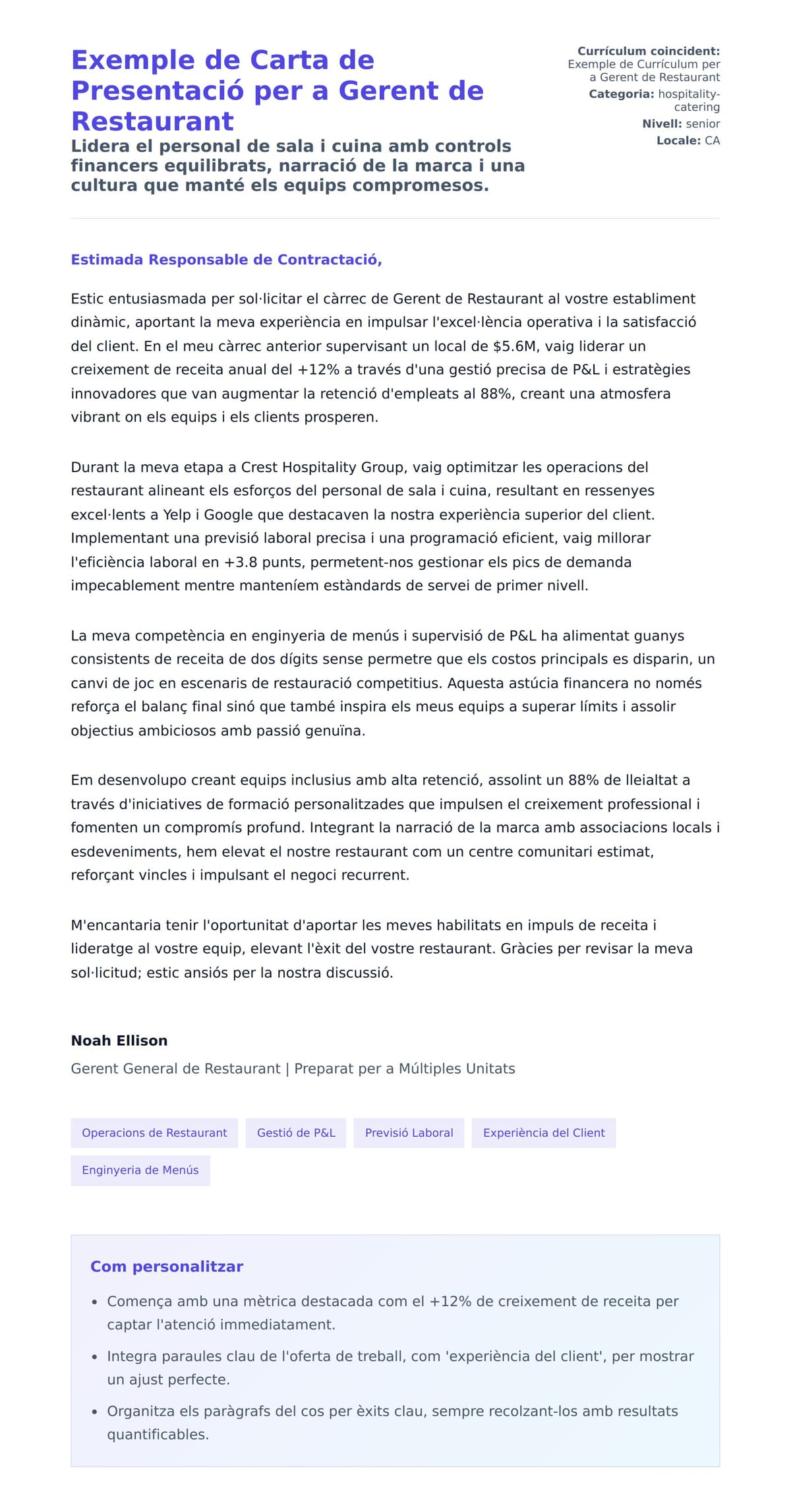 Previsualització de la carta de presentació per a Exemple de Carta de Presentació per a Gerent de Restaurant