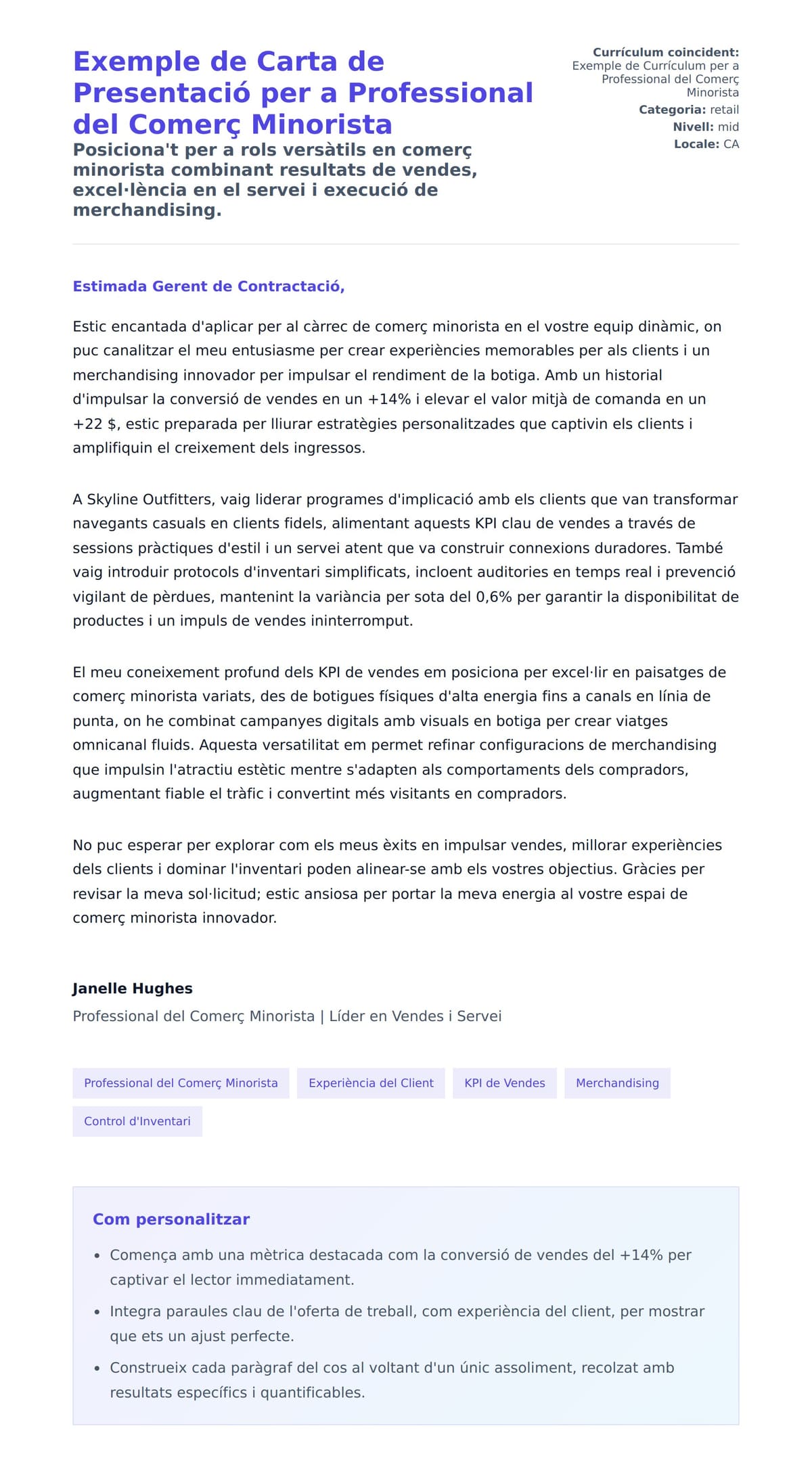 Previsualització de la carta de presentació per a Exemple de Carta de Presentació per a Professional del Comerç Minorista