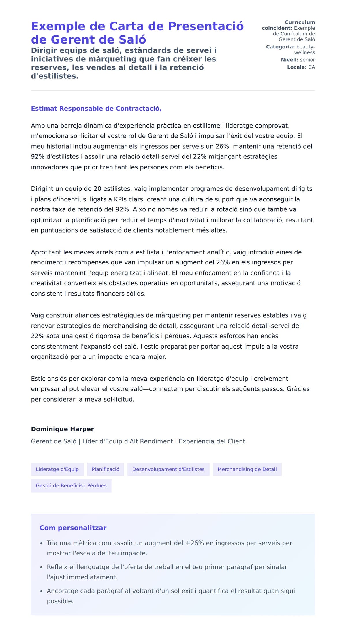 Previsualització de la carta de presentació per a Exemple de Carta de Presentació de Gerent de Saló
