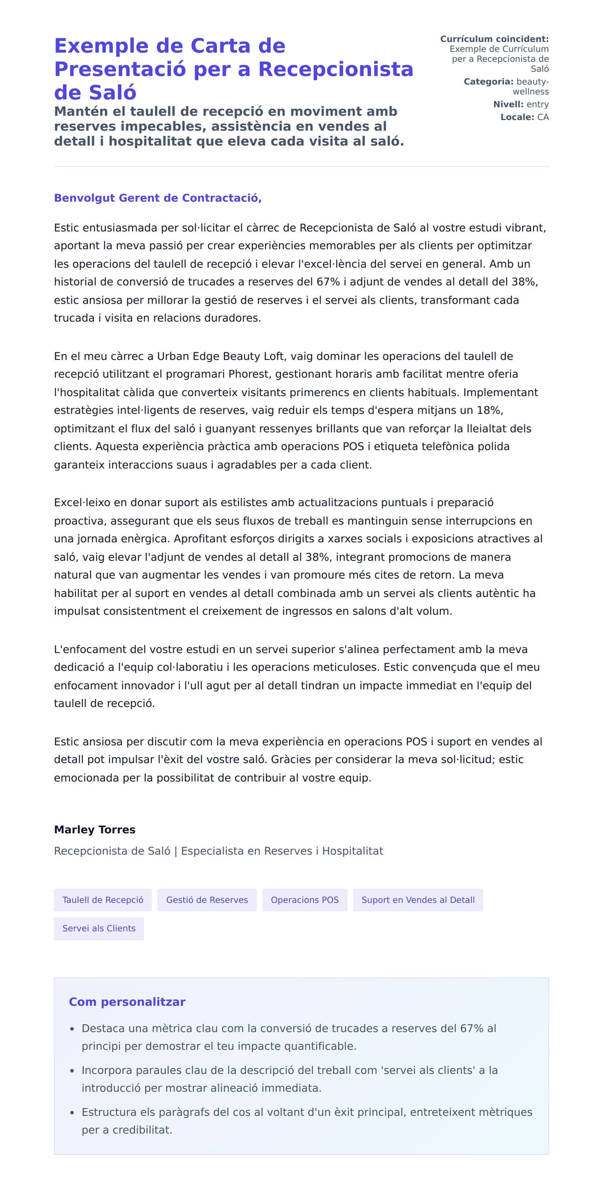 Previsualització de la carta de presentació per a Exemple de Carta de Presentació per a Recepcionista de Saló