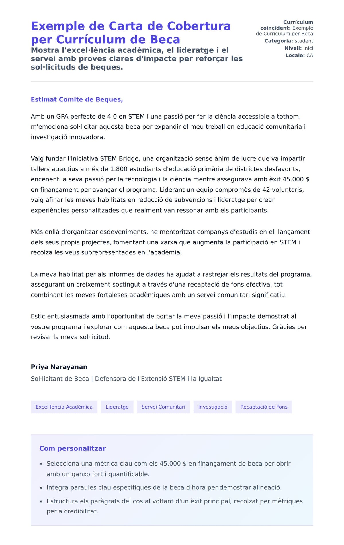 Previsualització de la carta de presentació per a Exemple de Carta de Cobertura per Currículum de Beca