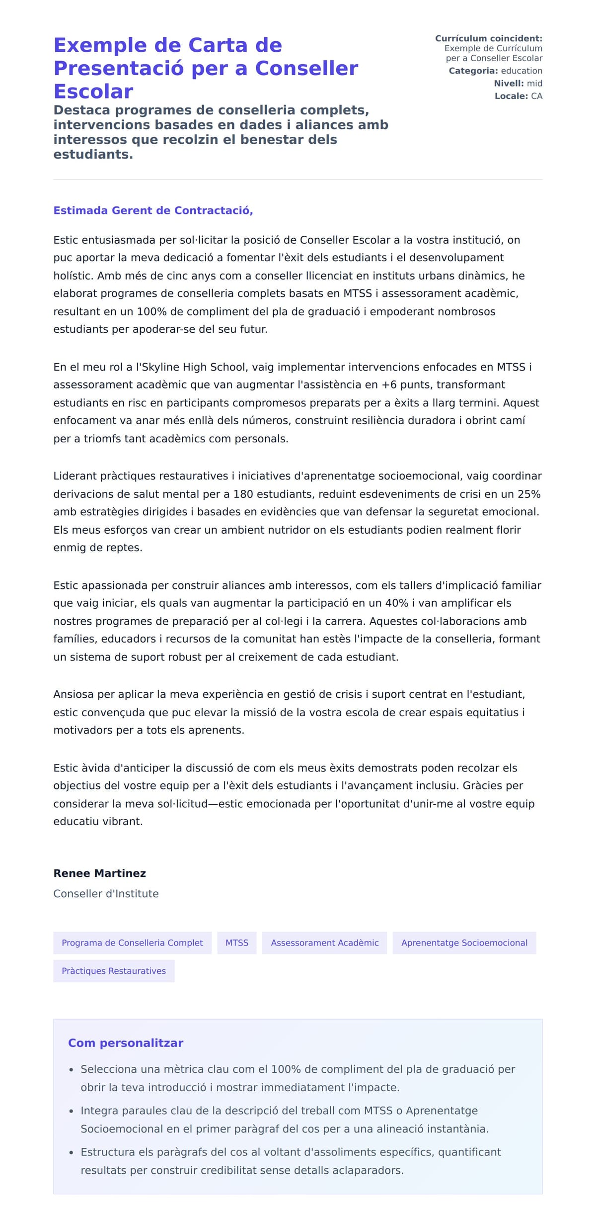 Previsualització de la carta de presentació per a Exemple de Carta de Presentació per a Conseller Escolar