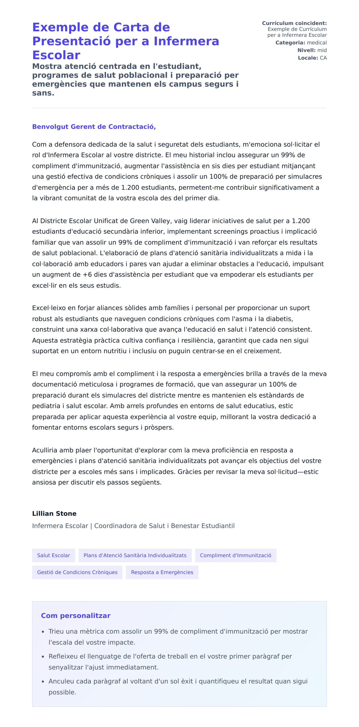 Previsualització de la carta de presentació per a Exemple de Carta de Presentació per a Infermera Escolar