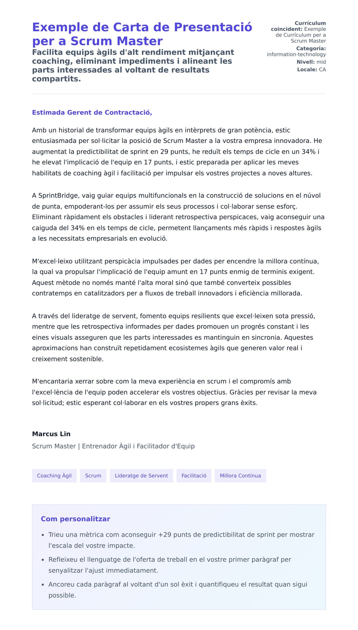 Previsualització de la carta de presentació per a Exemple de Carta de Presentació per a Scrum Master