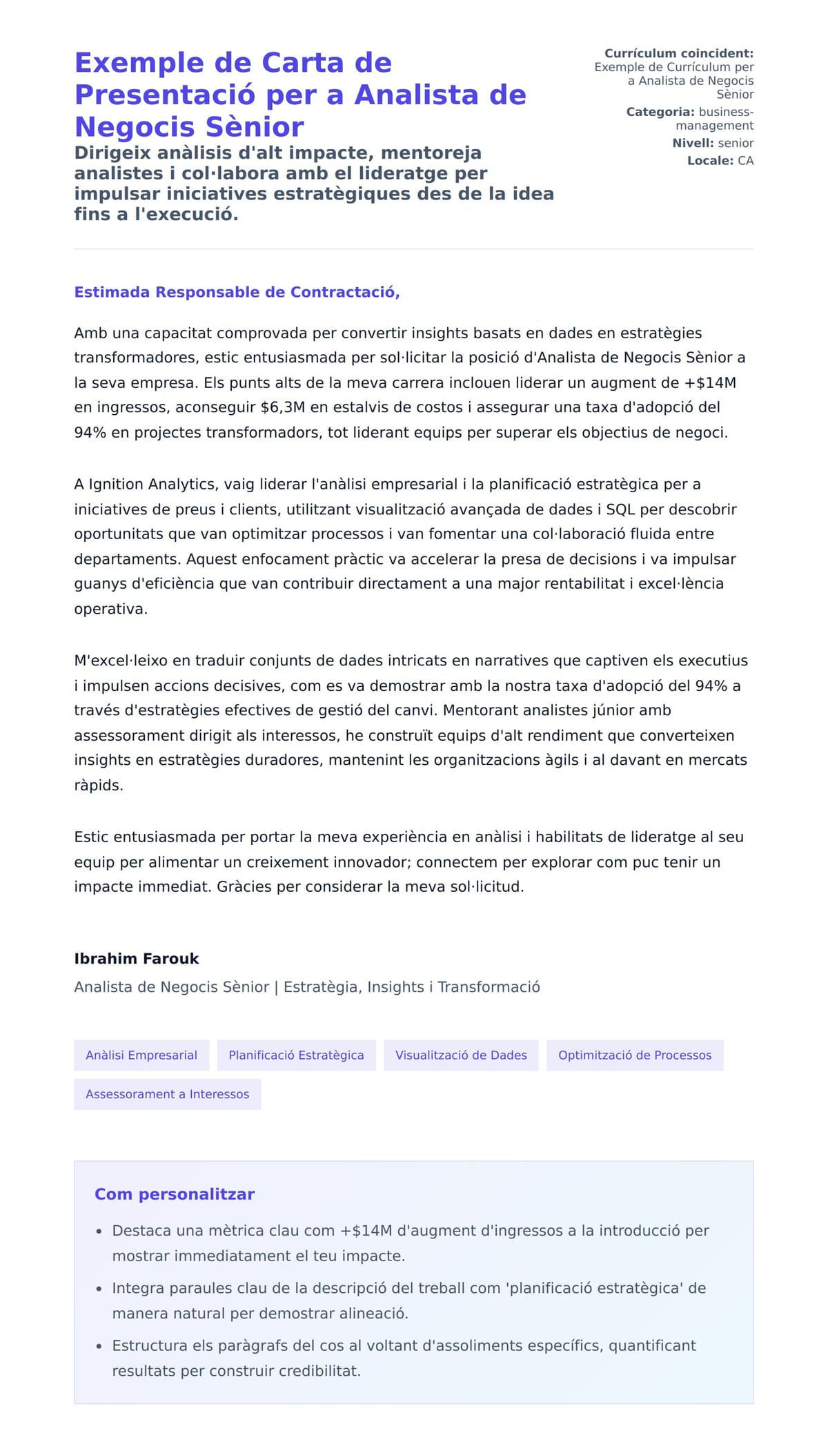Previsualització de la carta de presentació per a Exemple de Carta de Presentació per a Analista de Negocis Sènior