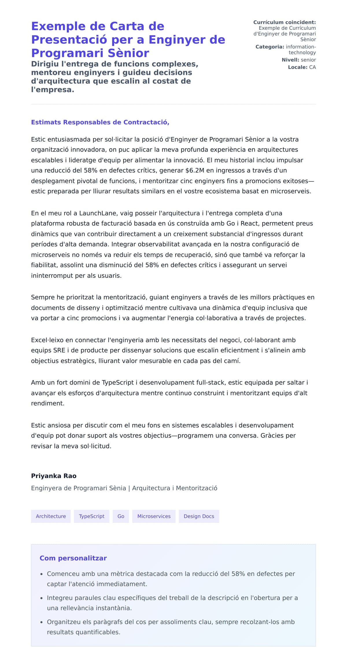 Previsualització de la carta de presentació per a Exemple de Carta de Presentació per a Enginyer de Programari Sènior