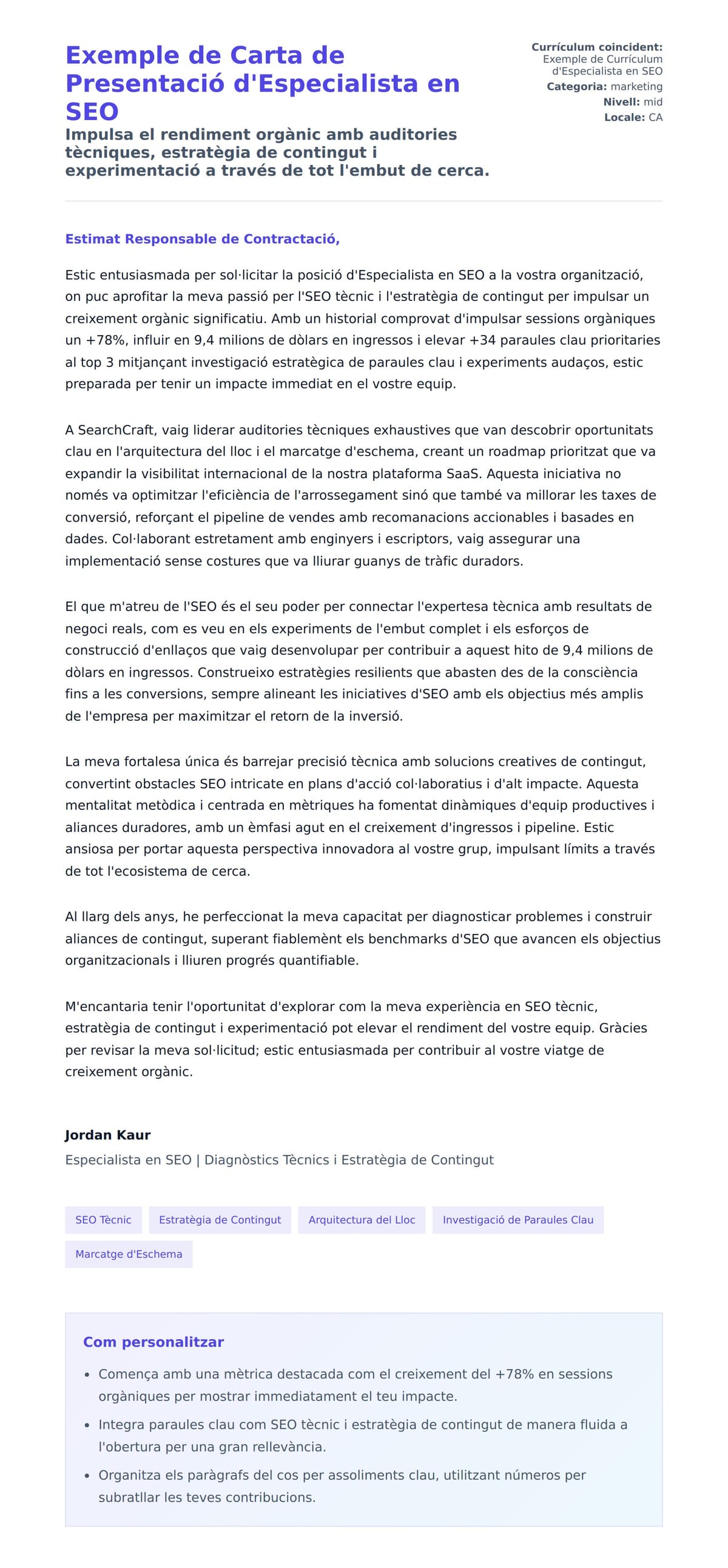 Previsualització de la carta de presentació per a Exemple de Carta de Presentació d'Especialista en SEO