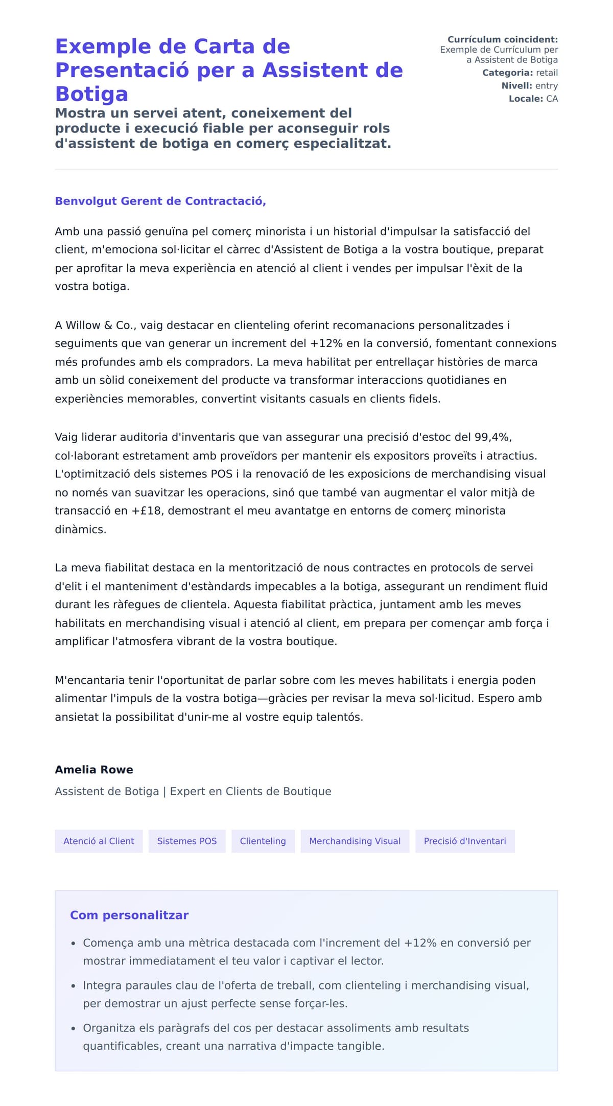Previsualització de la carta de presentació per a Exemple de Carta de Presentació per a Assistent de Botiga