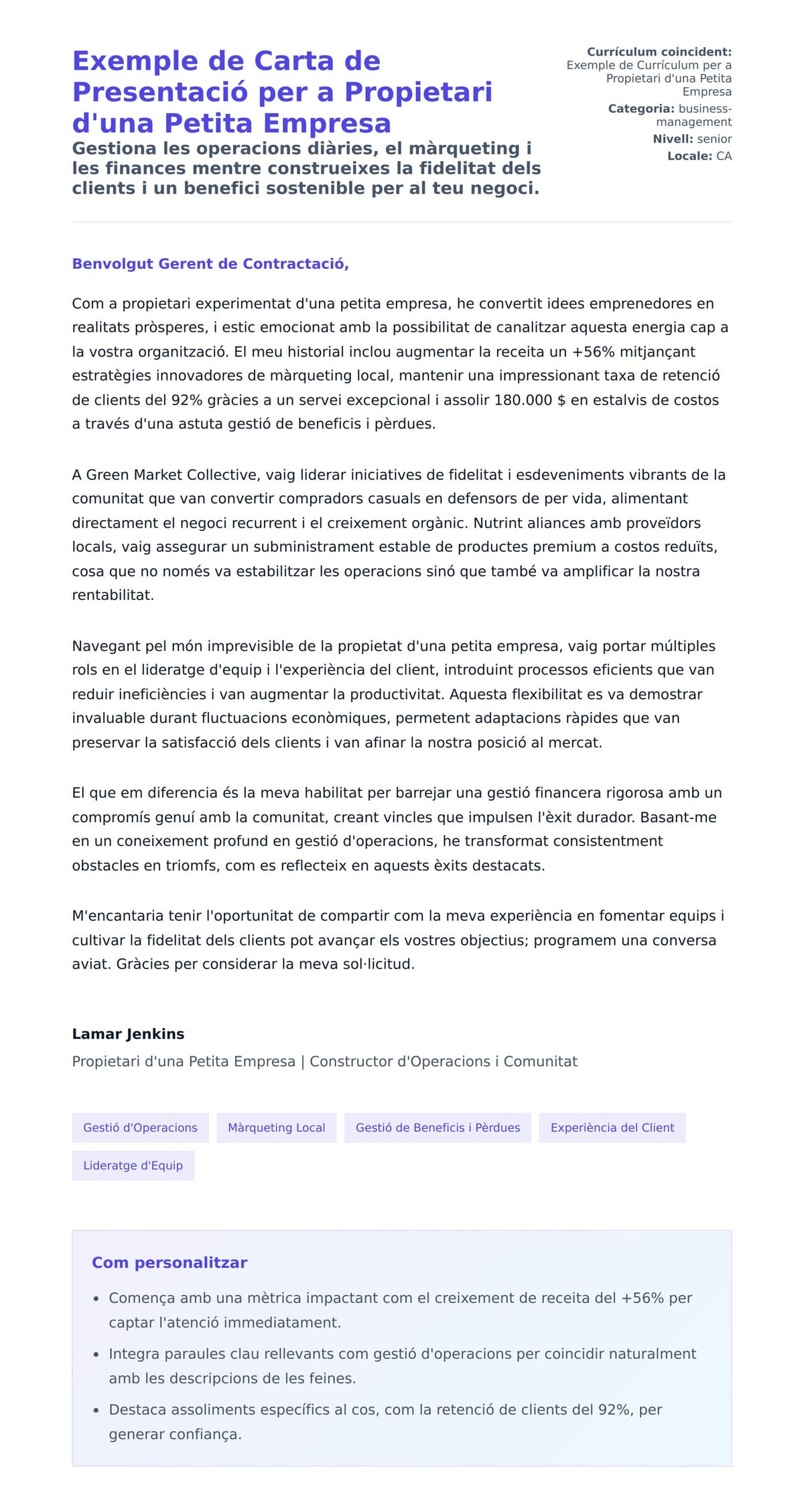 Previsualització de la carta de presentació per a Exemple de Carta de Presentació per a Propietari d'una Petita Empresa